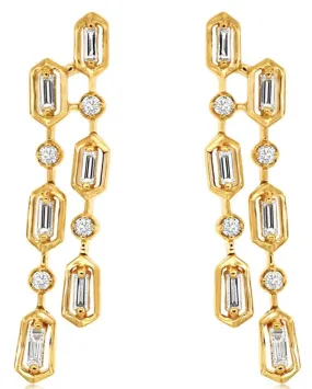 0.40CT DIAMOND 14K YELLOW GOLD ROUND & BAGUETTE 2 ROW HEXAGON CHANDELIER EARRINGS