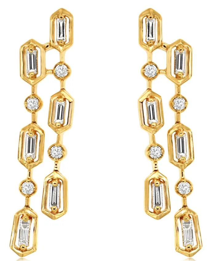 0.40CT DIAMOND 14K YELLOW GOLD ROUND & BAGUETTE 2 ROW HEXAGON CHANDELIER EARRINGS