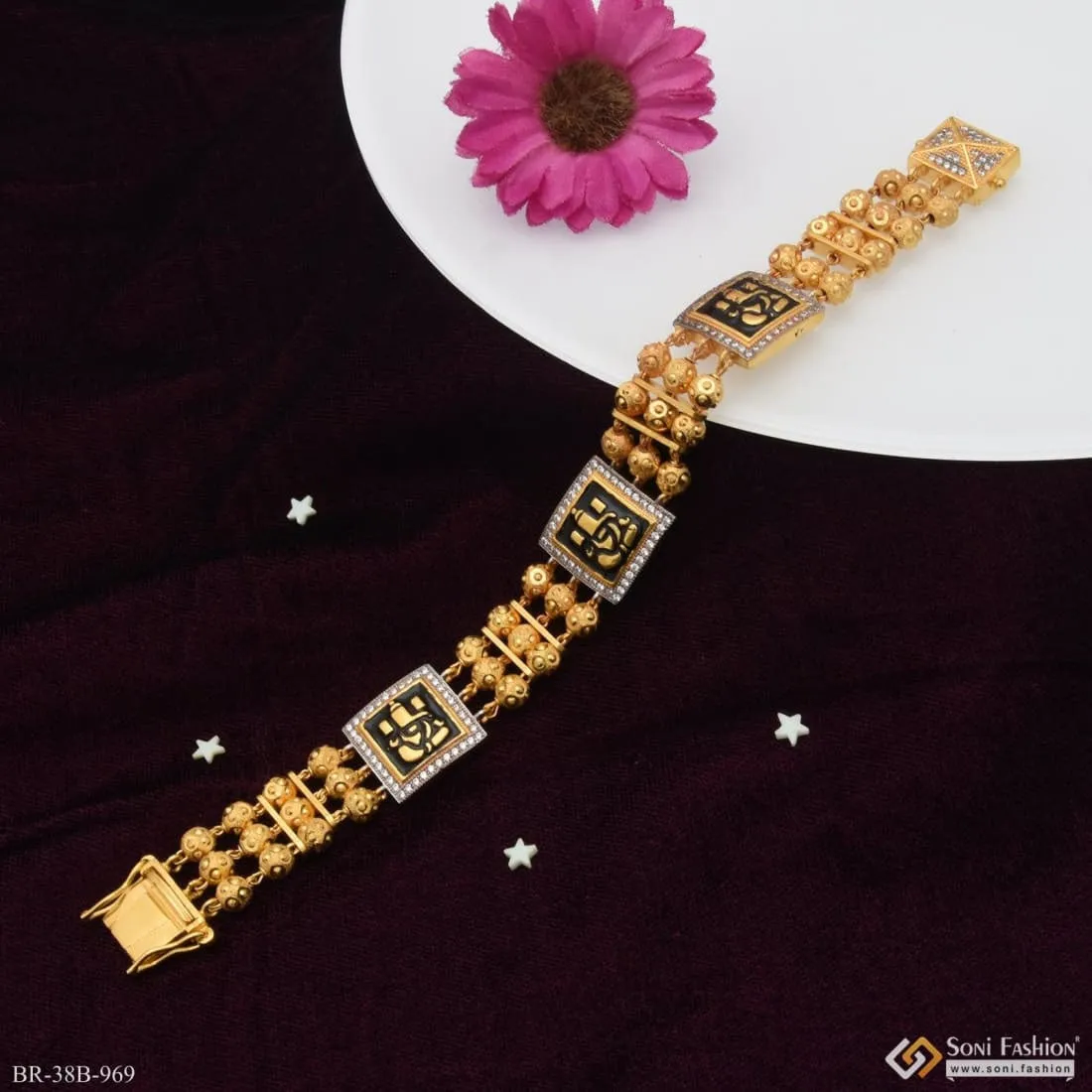 1 Gram Gold Plated Ganpati with Diamond Delicate Design Bracelet for Men - Style B969