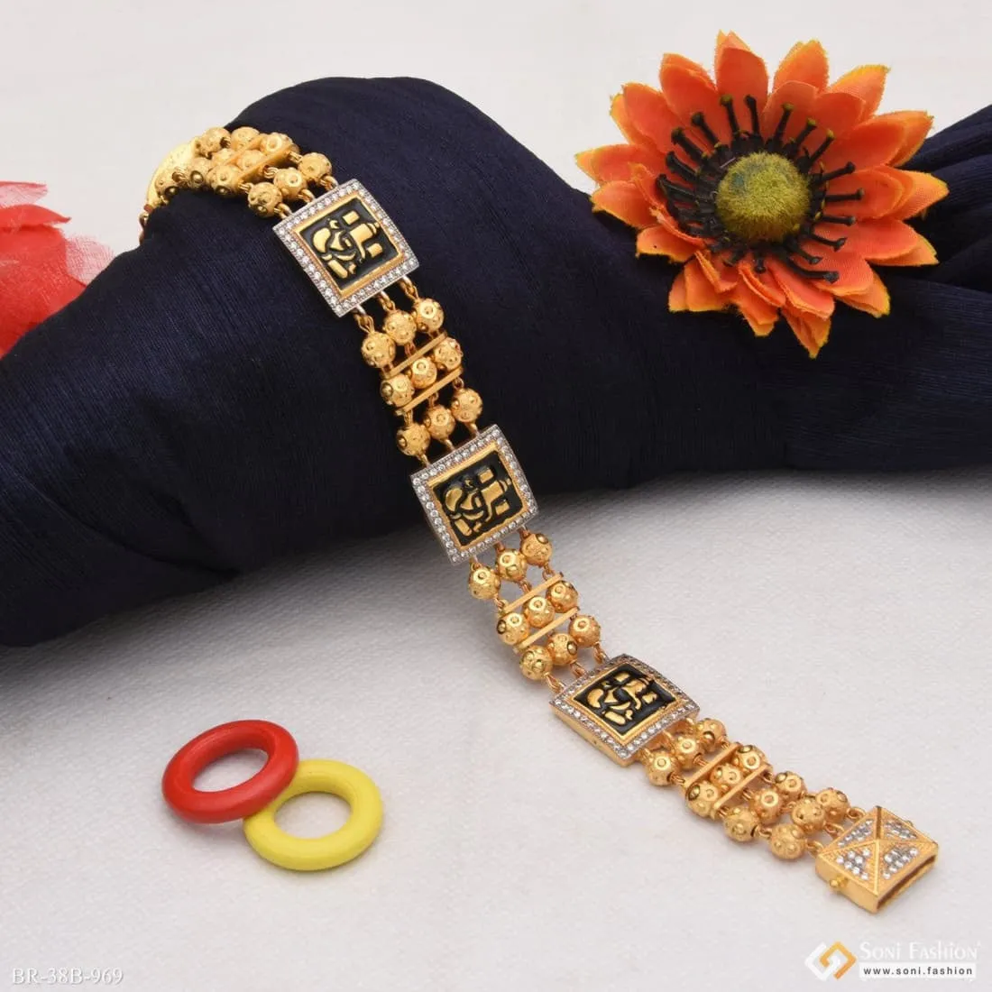 1 Gram Gold Plated Ganpati with Diamond Delicate Design Bracelet for Men - Style B969