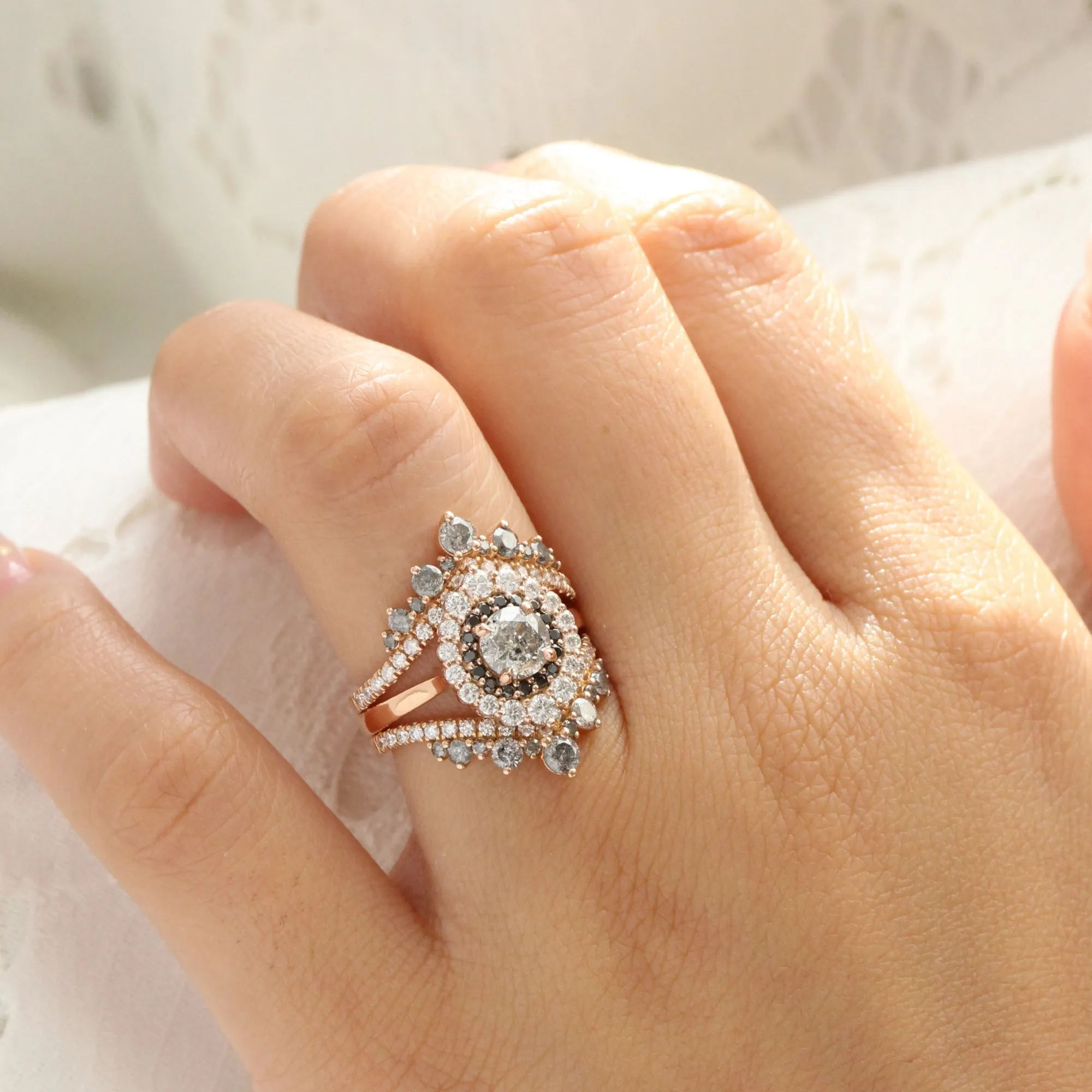 1.31 Ct Salt and Pepper Diamond Ring in 14k Rose Gold Tiara Double Halo Ring, Size 6.5