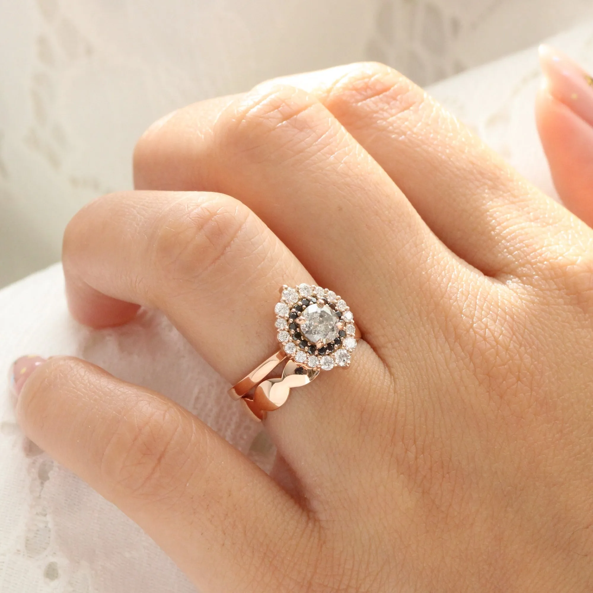 1.31 Ct Salt and Pepper Diamond Ring in 14k Rose Gold Tiara Double Halo Ring, Size 6.5