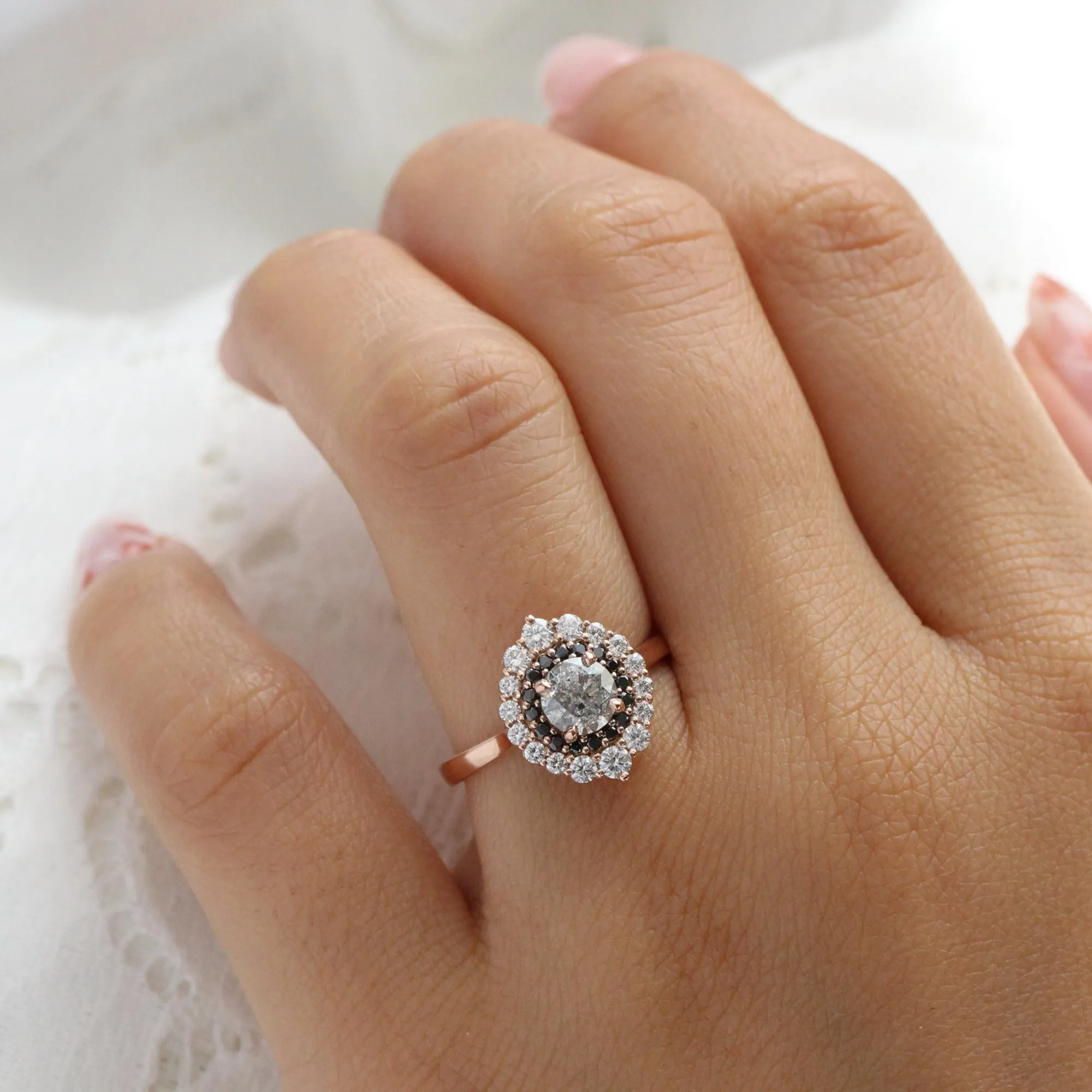 1.31 Ct Salt and Pepper Diamond Ring in 14k Rose Gold Tiara Double Halo Ring, Size 6.5