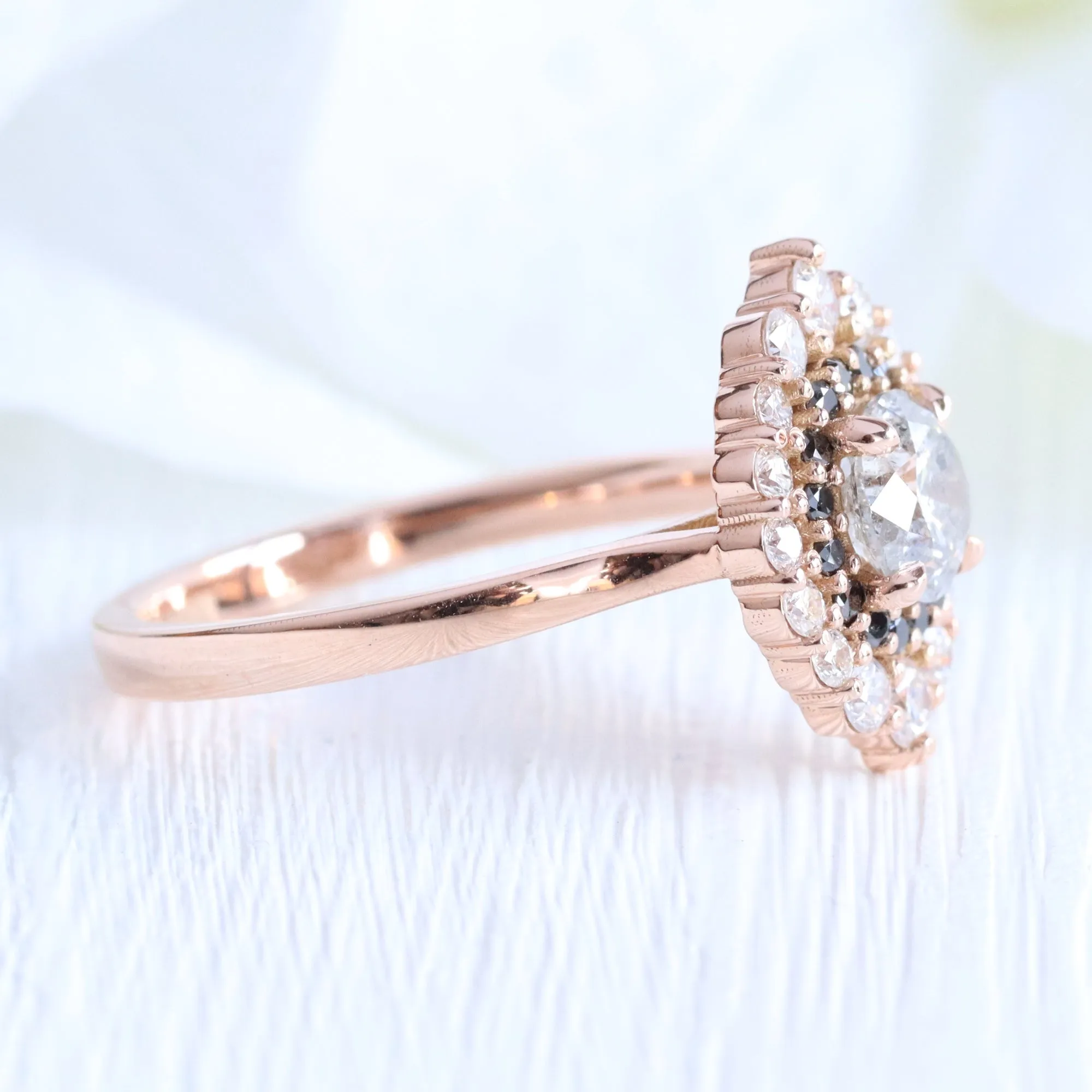 1.31 Ct Salt and Pepper Diamond Ring in 14k Rose Gold Tiara Double Halo Ring, Size 6.5