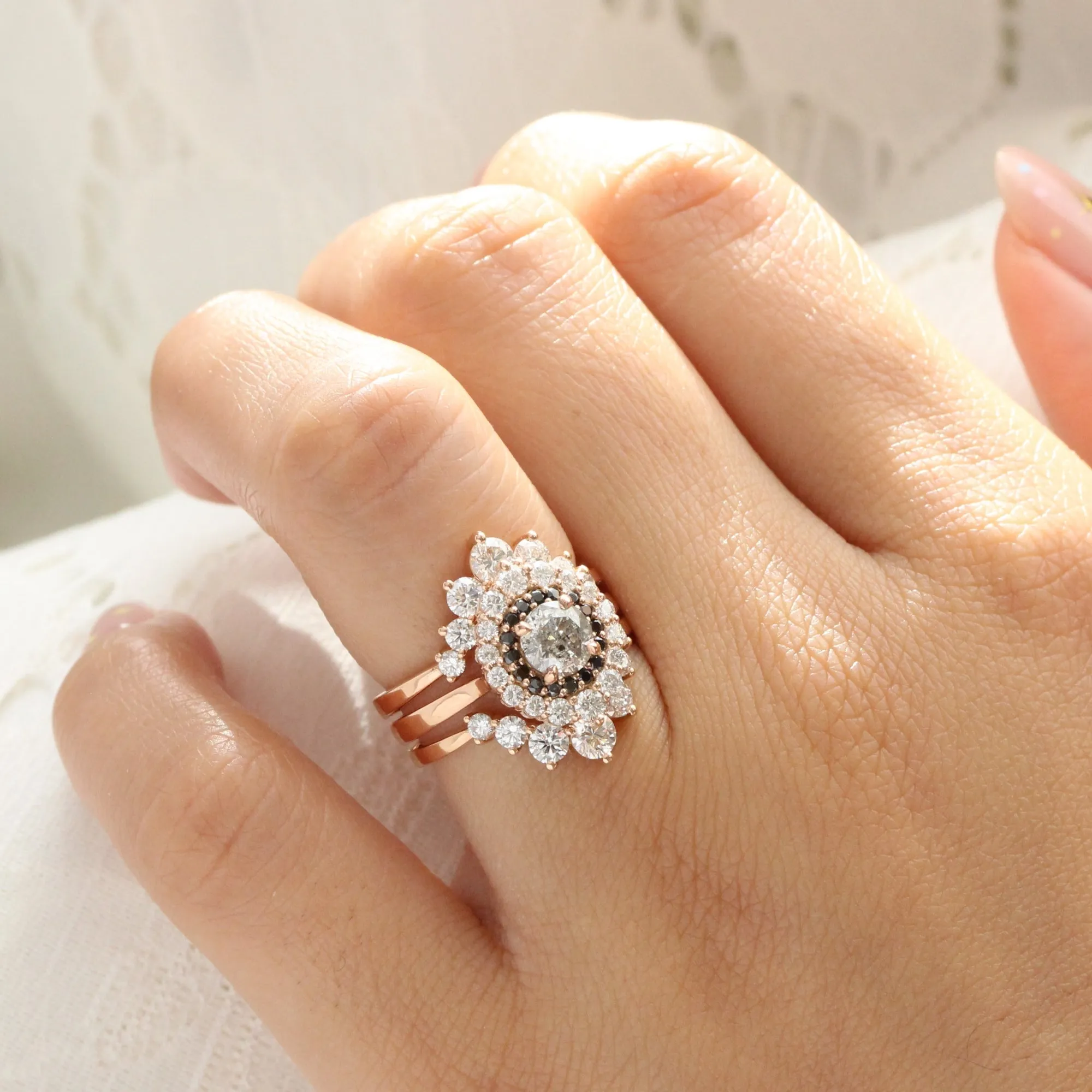 1.31 Ct Salt and Pepper Diamond Ring in 14k Rose Gold Tiara Double Halo Ring, Size 6.5