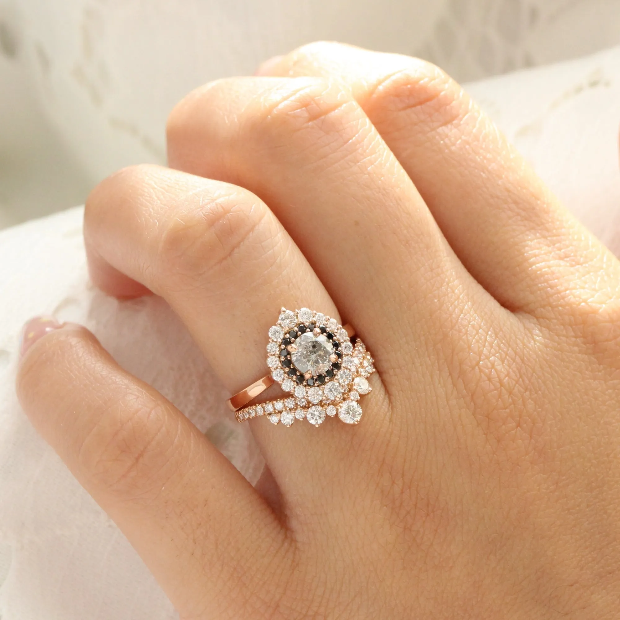 1.31 Ct Salt and Pepper Diamond Ring in 14k Rose Gold Tiara Double Halo Ring, Size 6.5