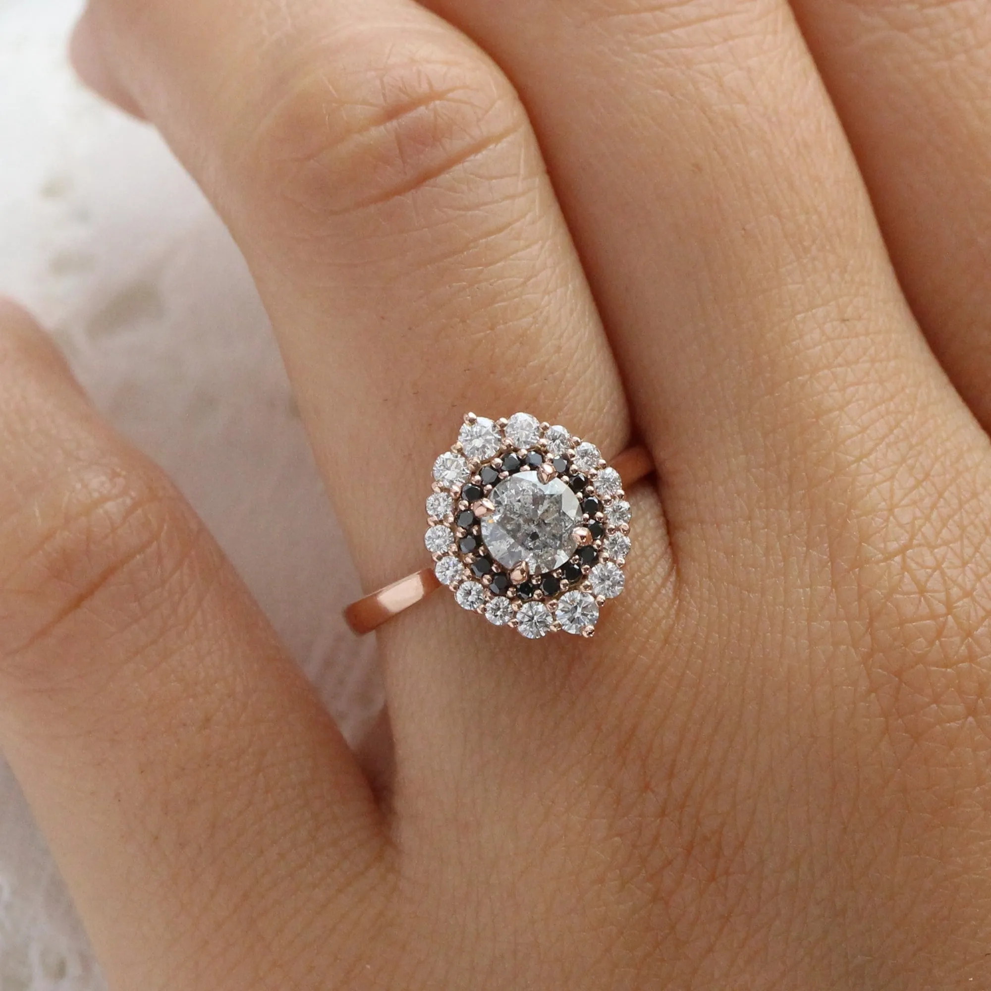1.31 Ct Salt and Pepper Diamond Ring in 14k Rose Gold Tiara Double Halo Ring, Size 6.5