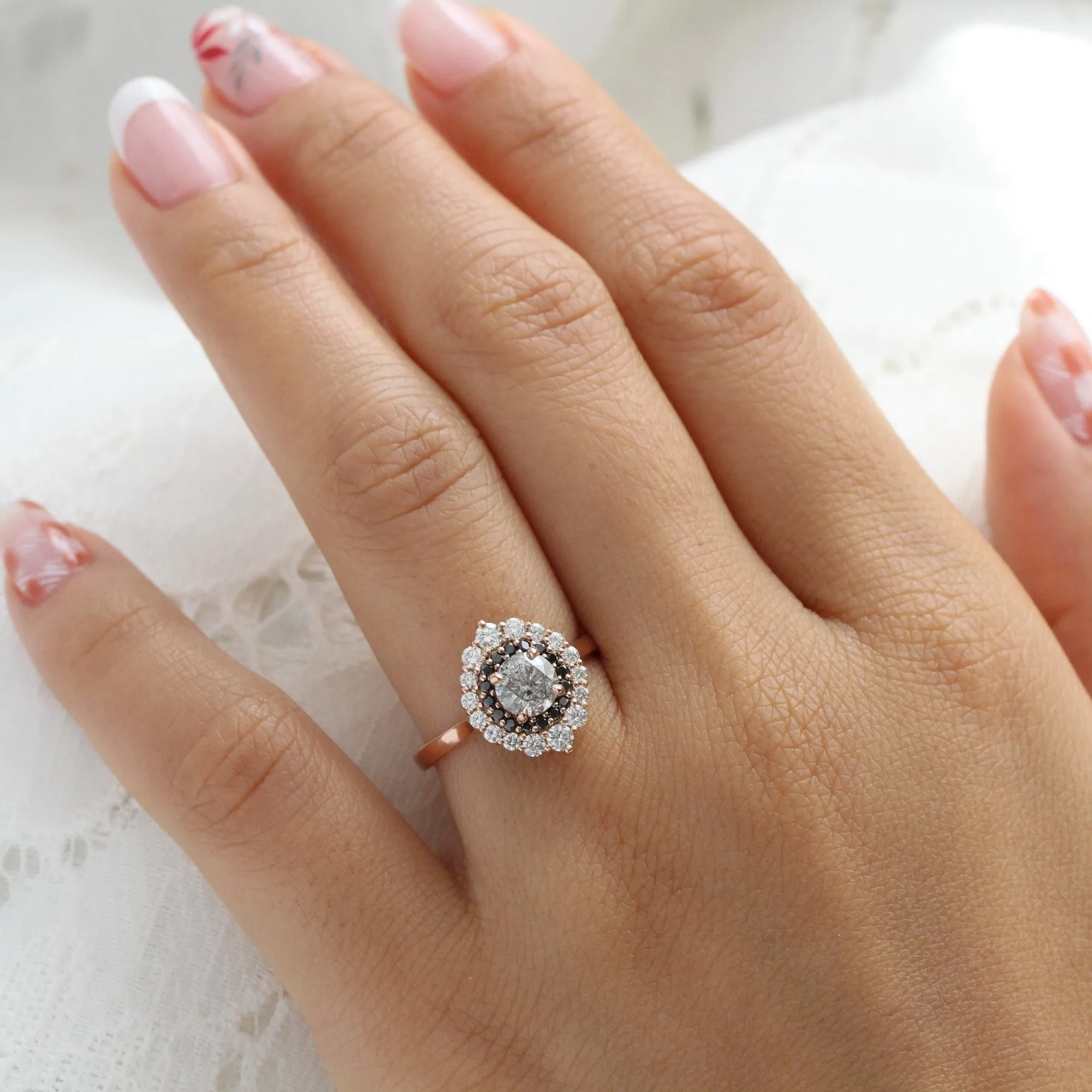 1.31 Ct Salt and Pepper Diamond Ring in 14k Rose Gold Tiara Double Halo Ring, Size 6.5