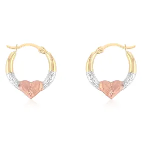 14K Gold 2mm Diamond Cut Shape Hoops with Heart