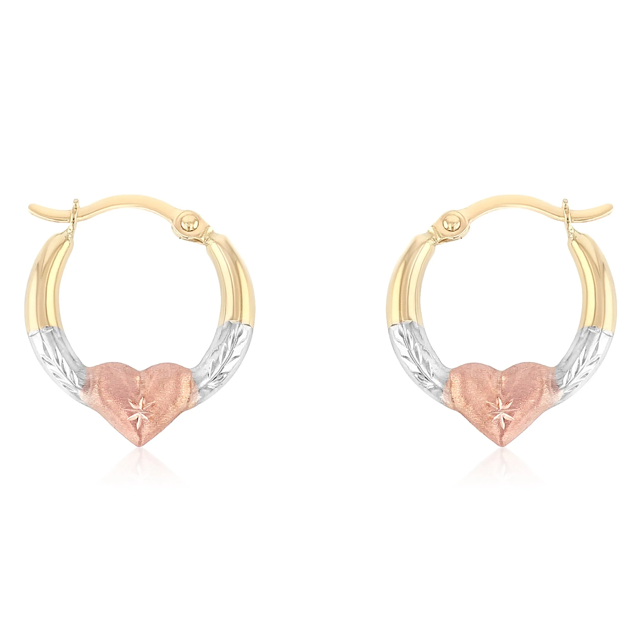 14K Gold 2mm Diamond Cut Shape Hoops with Heart