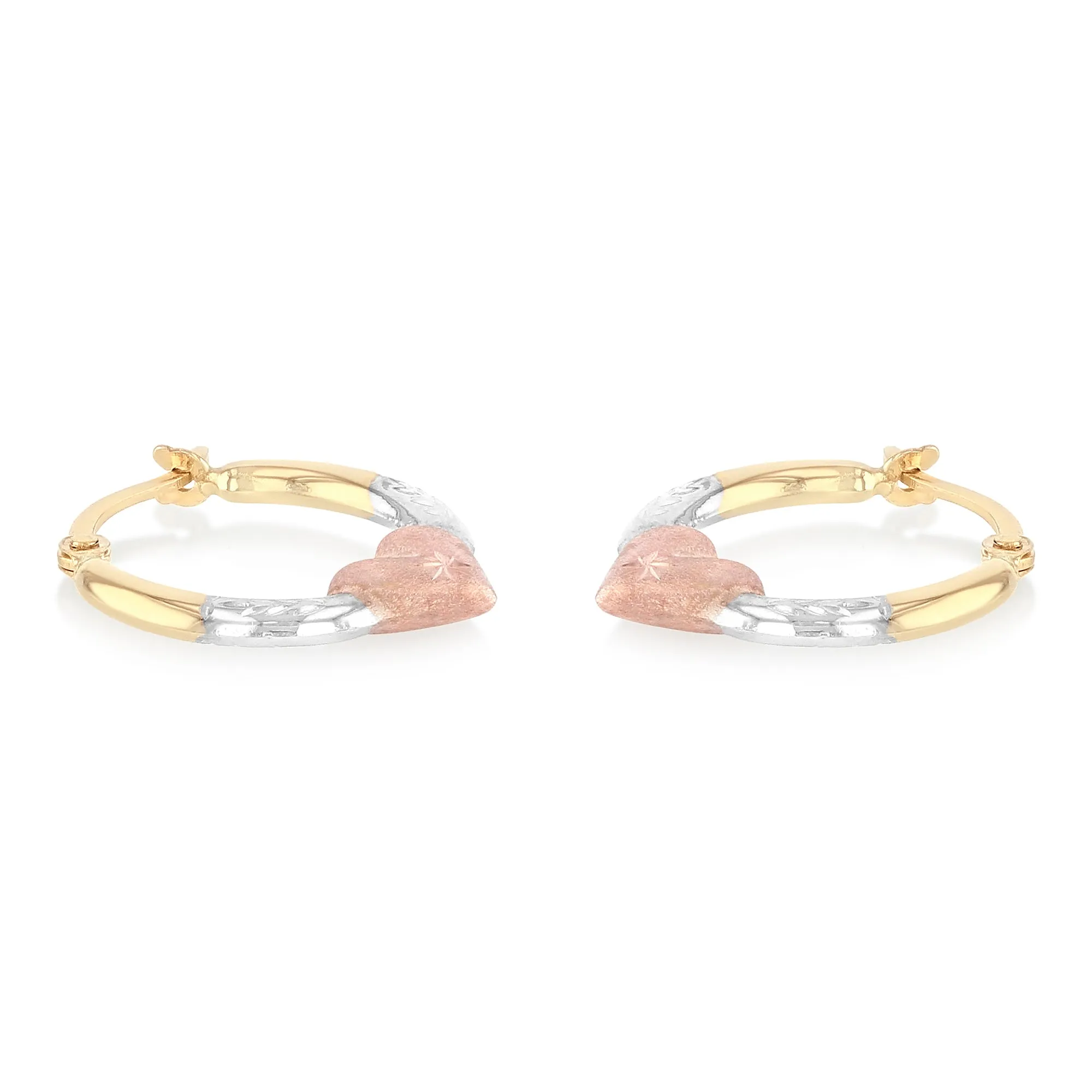 14K Gold 2mm Diamond Cut Shape Hoops with Heart