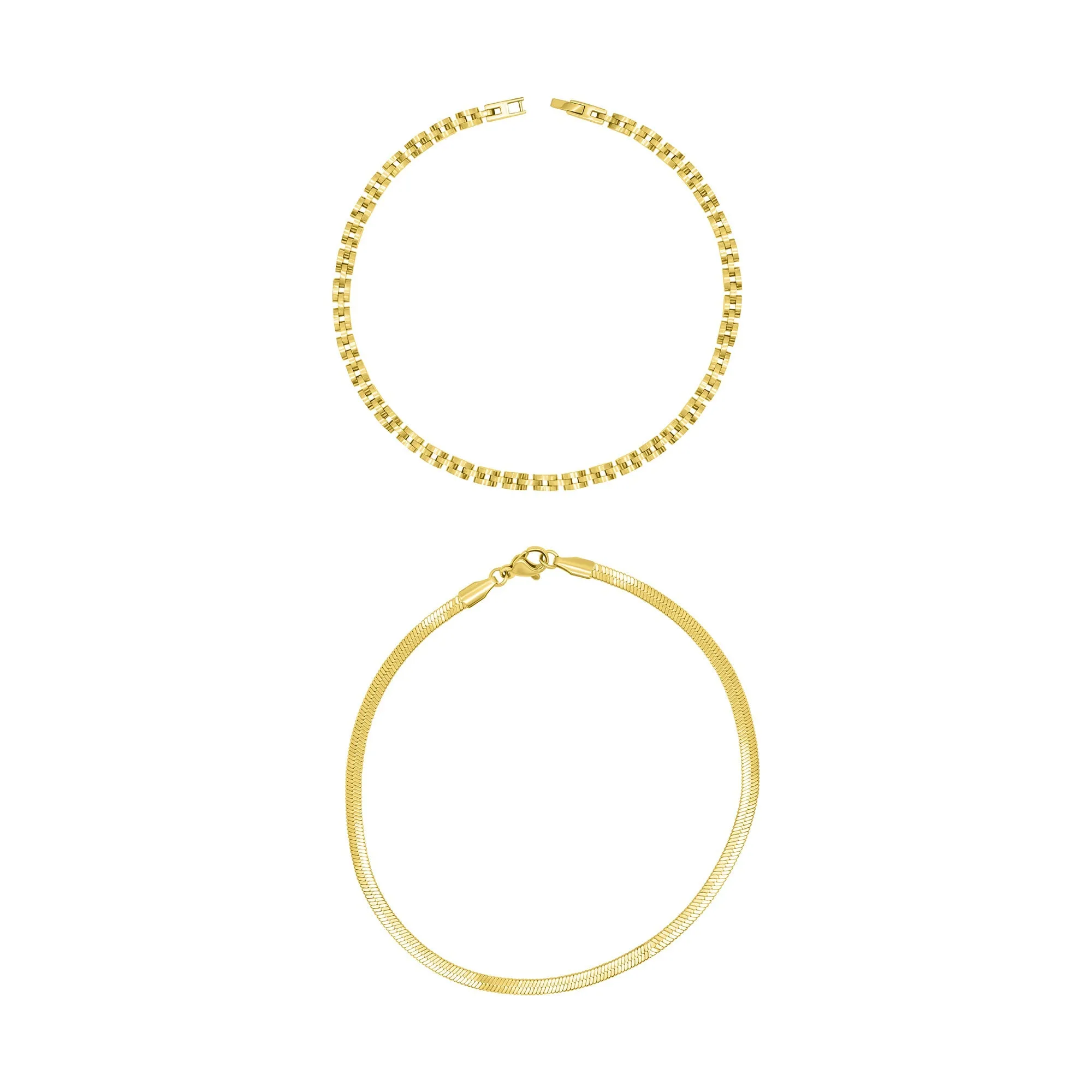 14k Gold Plated Watch Band and Herringbone Anklet Set gold