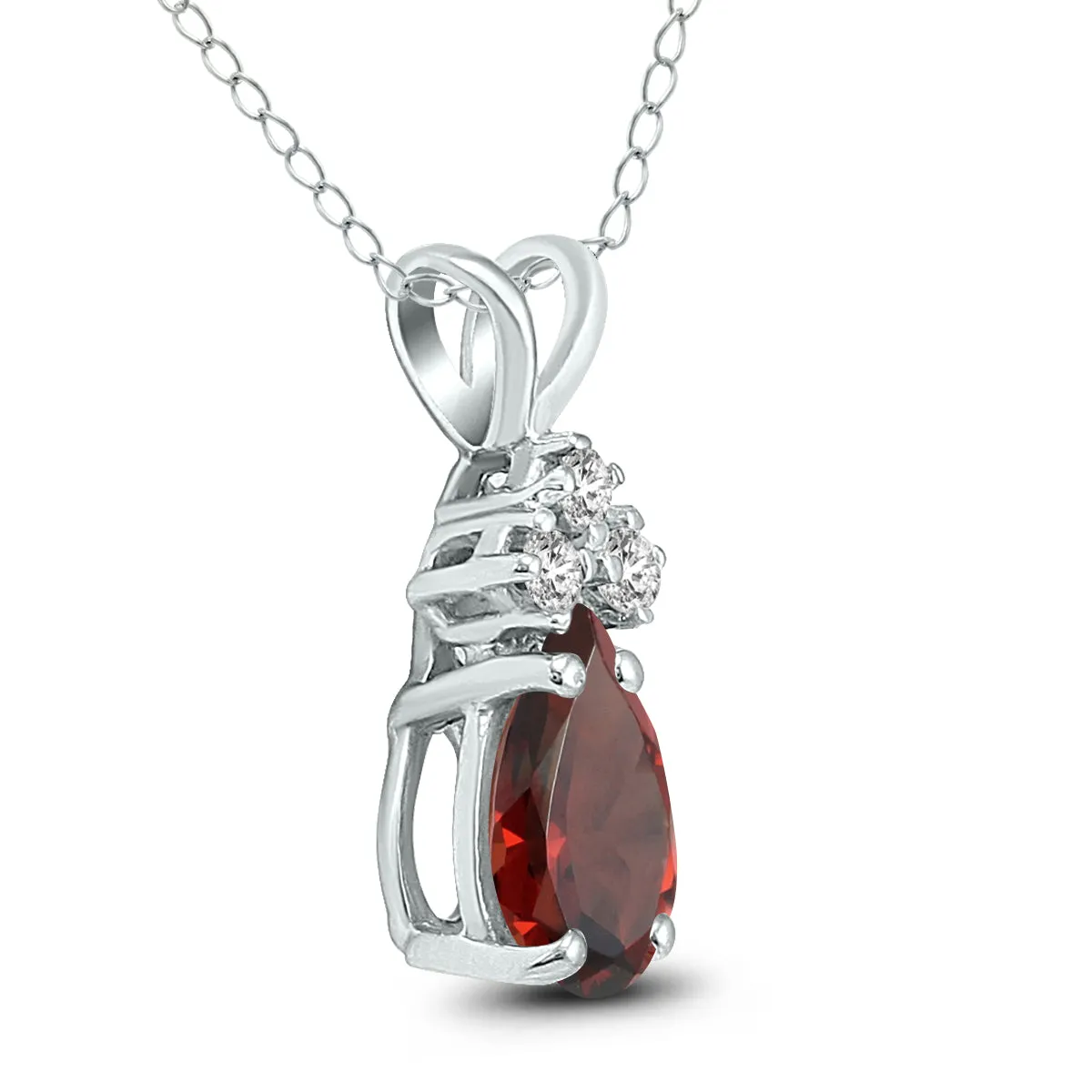 14K White Gold 7X5Mm Pear Garnet And Three Stone Diamond Pendant