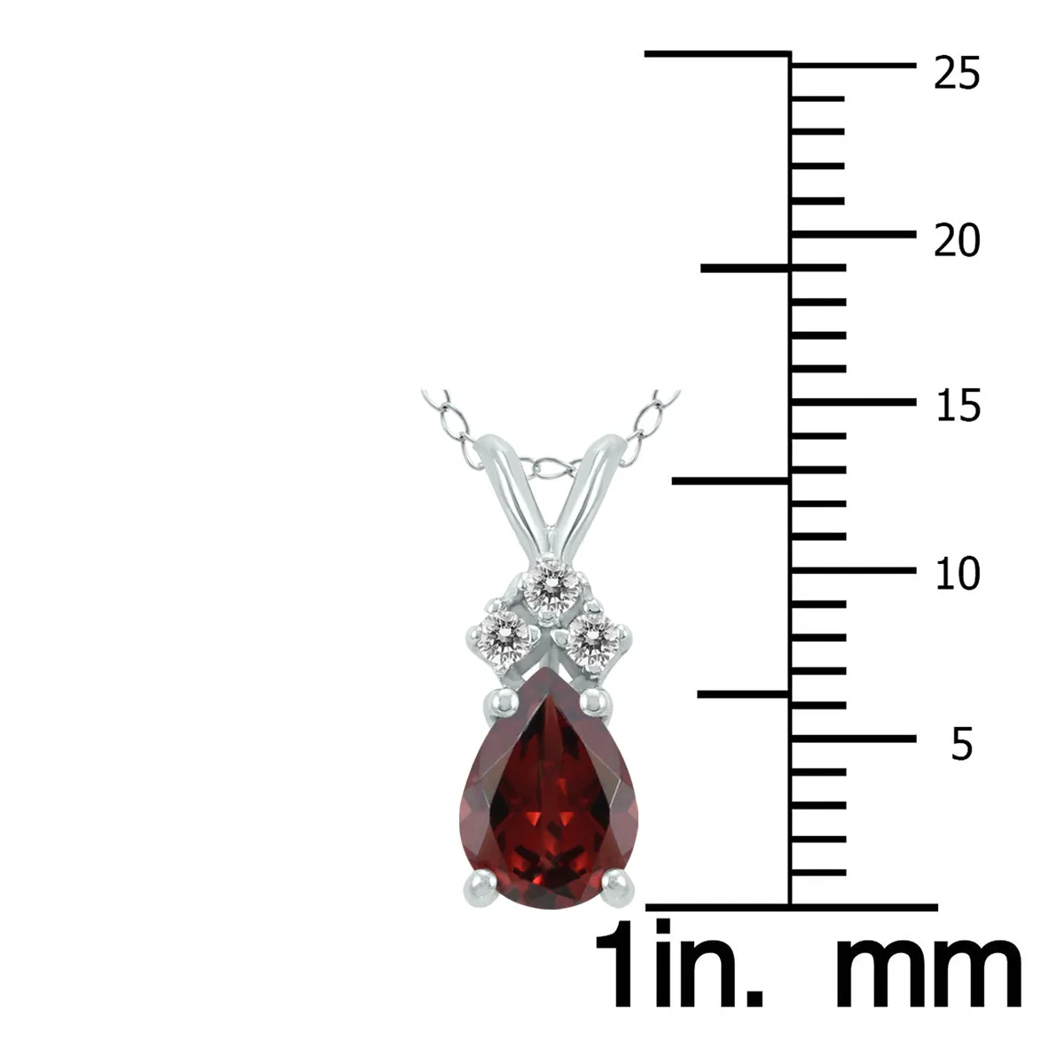 14K White Gold 7X5Mm Pear Garnet And Three Stone Diamond Pendant