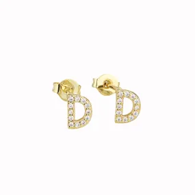 14k Yellow Gold Created White Sapphire Initial D Letter Stud Earrings Plated
