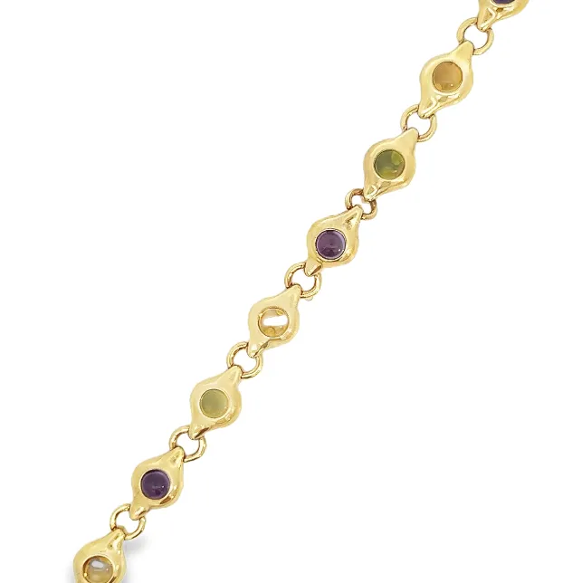 14Y Solid Multi-Gemstone Cabochon Bracelet (Peridot, Citrine and Amethyst)