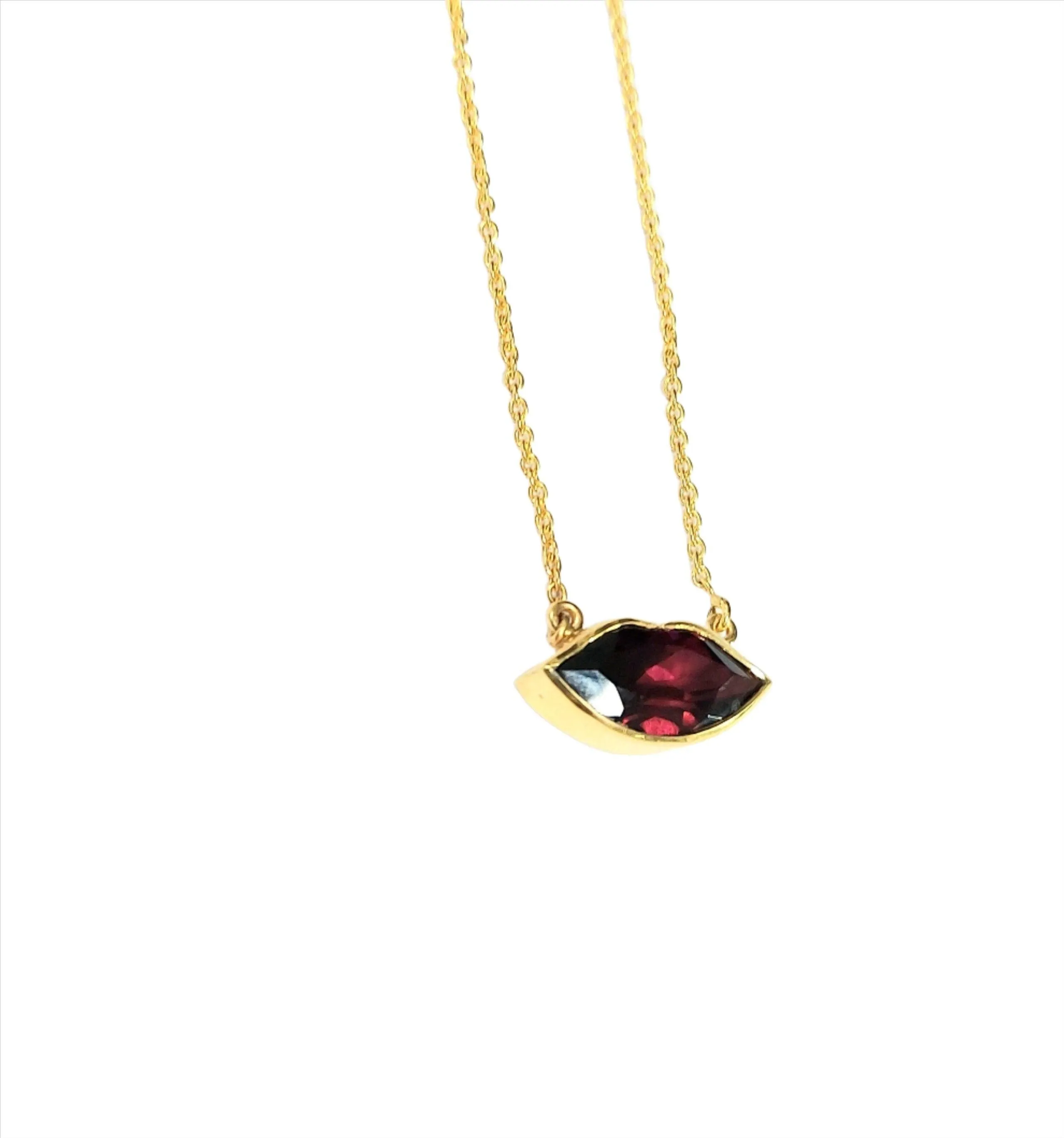 18k Gold Garnet Necklace Chain - Lips Shape Pendant