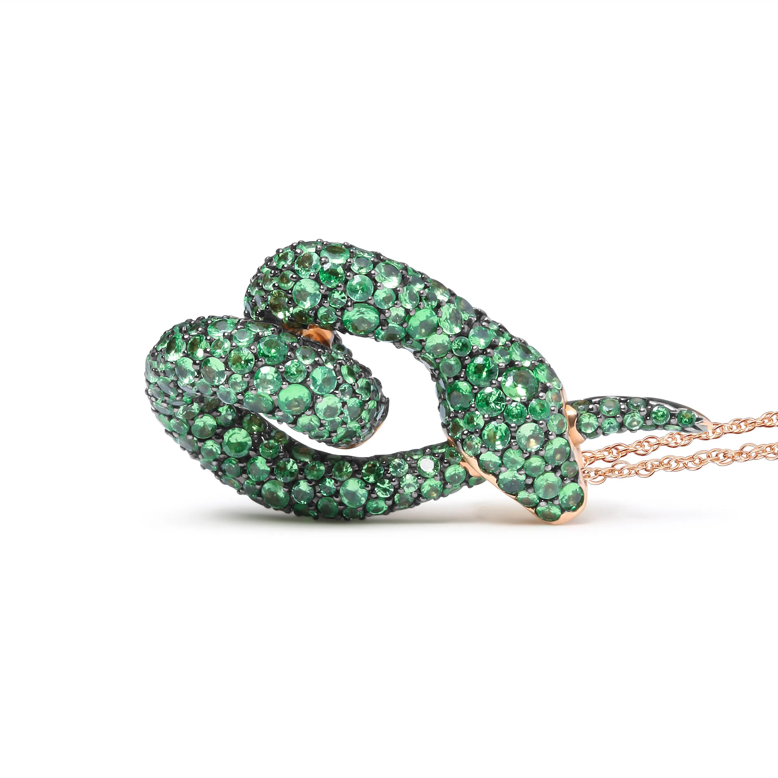 18K Rose Gold Round Green Tsavorite Gemstone Cluster Spiral Snake Design 18" Pendant Necklace