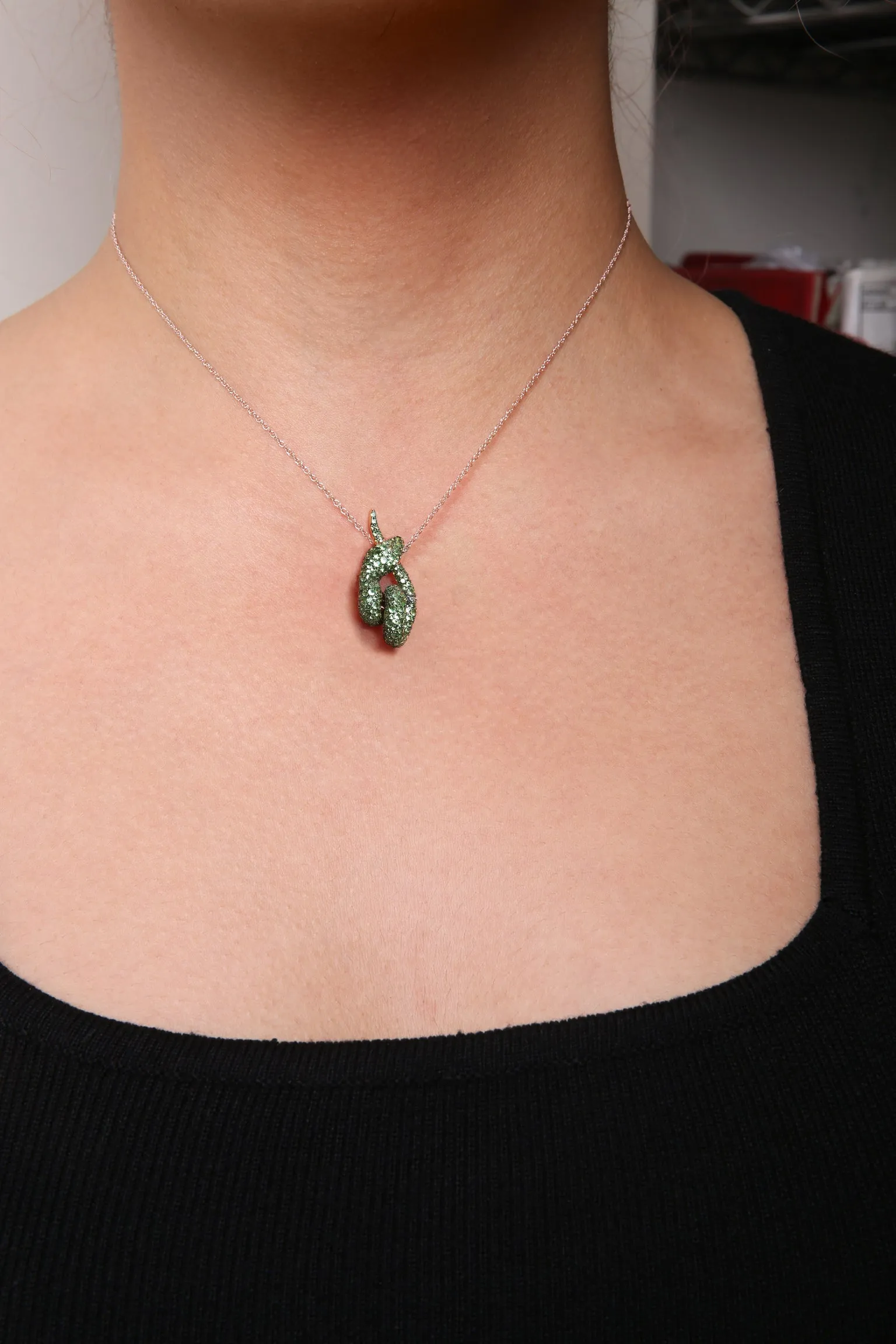 18K Rose Gold Round Green Tsavorite Gemstone Cluster Spiral Snake Design 18" Pendant Necklace