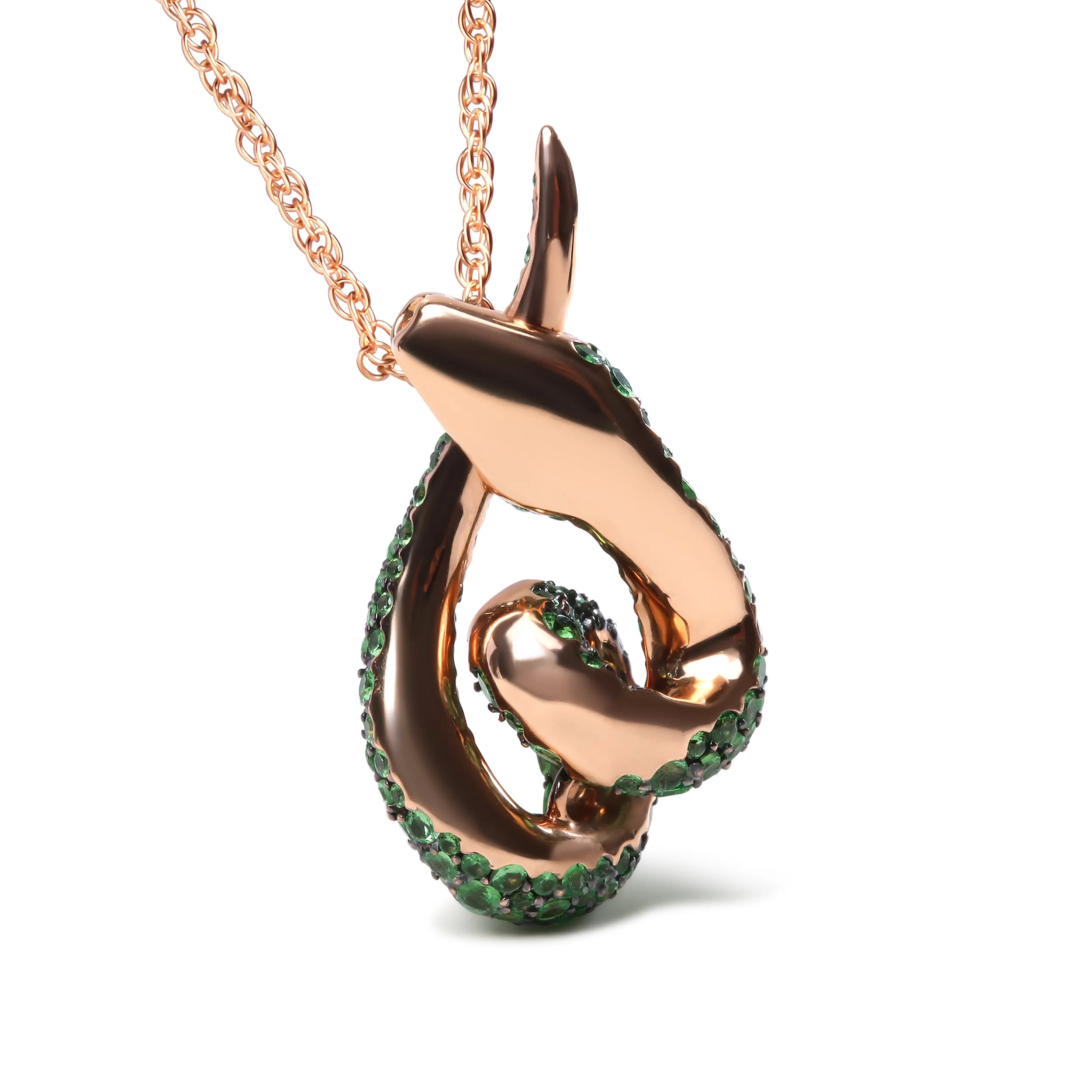 18K Rose Gold Round Green Tsavorite Gemstone Cluster Spiral Snake Design 18" Pendant Necklace