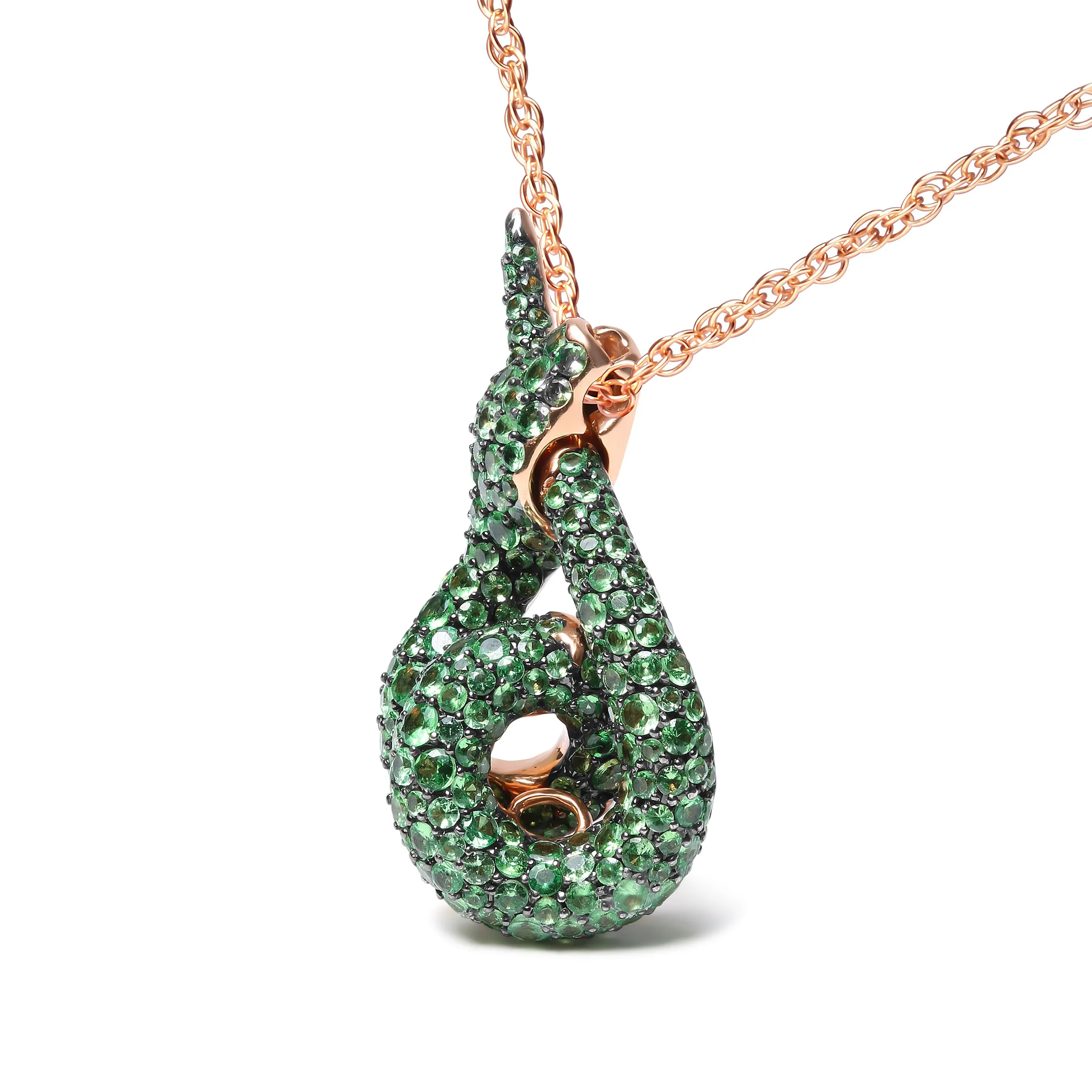 18K Rose Gold Round Green Tsavorite Gemstone Cluster Spiral Snake Design 18" Pendant Necklace
