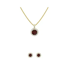 18K Yellow Gold 3ct Halo Garnet Round 18 Inch Necklace and Halo Earrings Set Plated