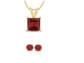 18K Yellow Gold 4ct Garnet Square 18 Inch Necklace and Round Earrings Set Plated