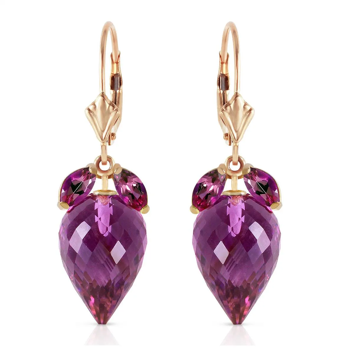20 Carat 14K Solid Yellow Gold Earrings Pointy Briolette Amethyst