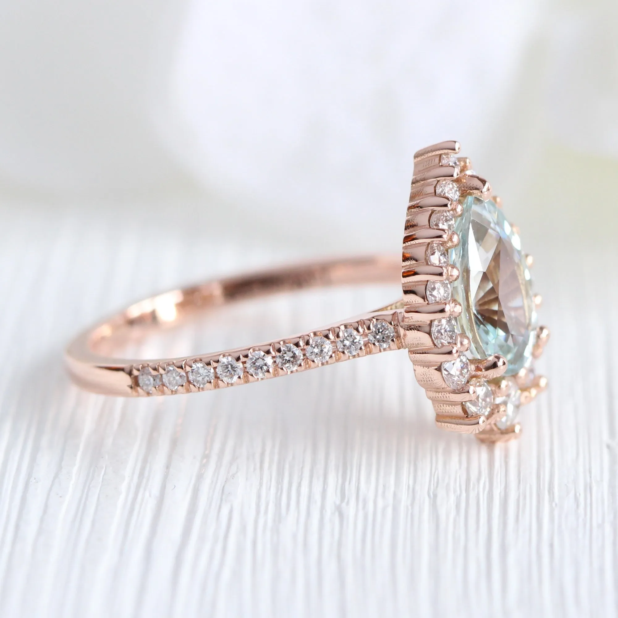2.3 Ct Pastel Blue Sapphire Ring in 14k Rose Gold Tiara Halo Diamond, Size 6.25