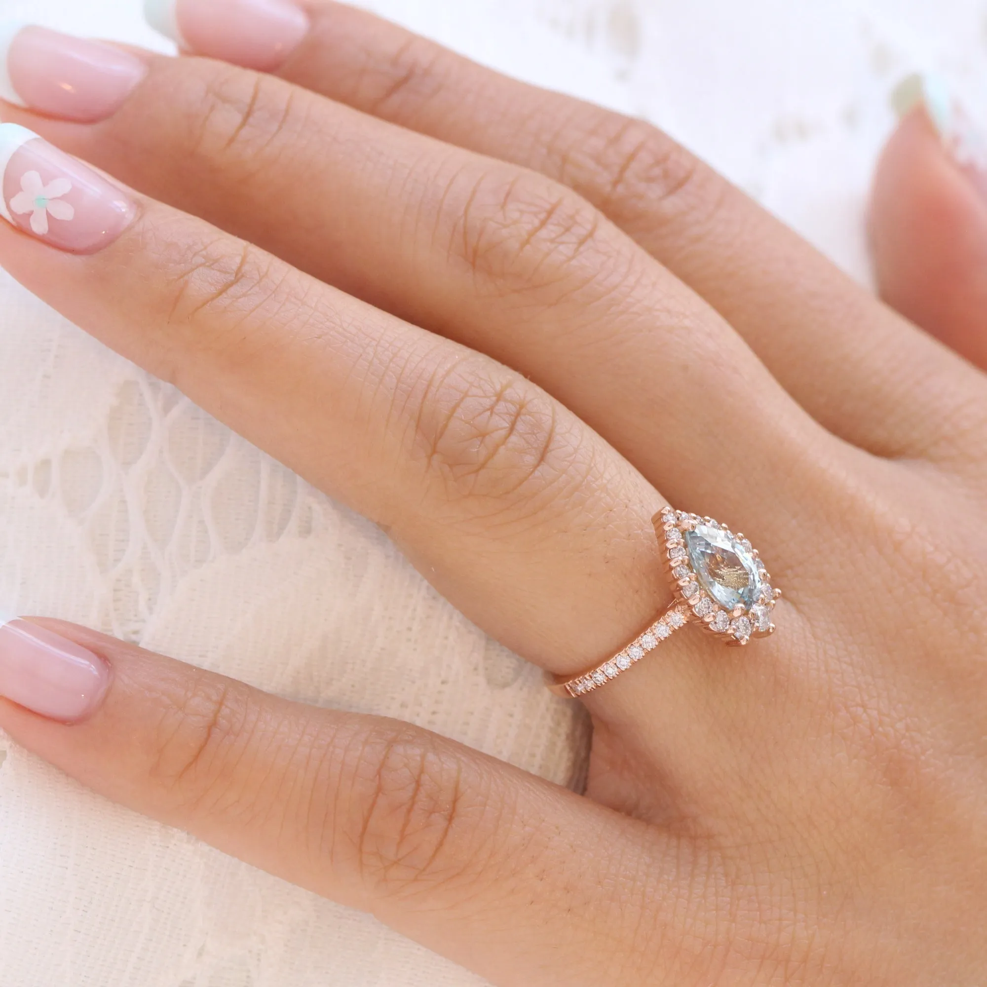 2.3 Ct Pastel Blue Sapphire Ring in 14k Rose Gold Tiara Halo Diamond, Size 6.25