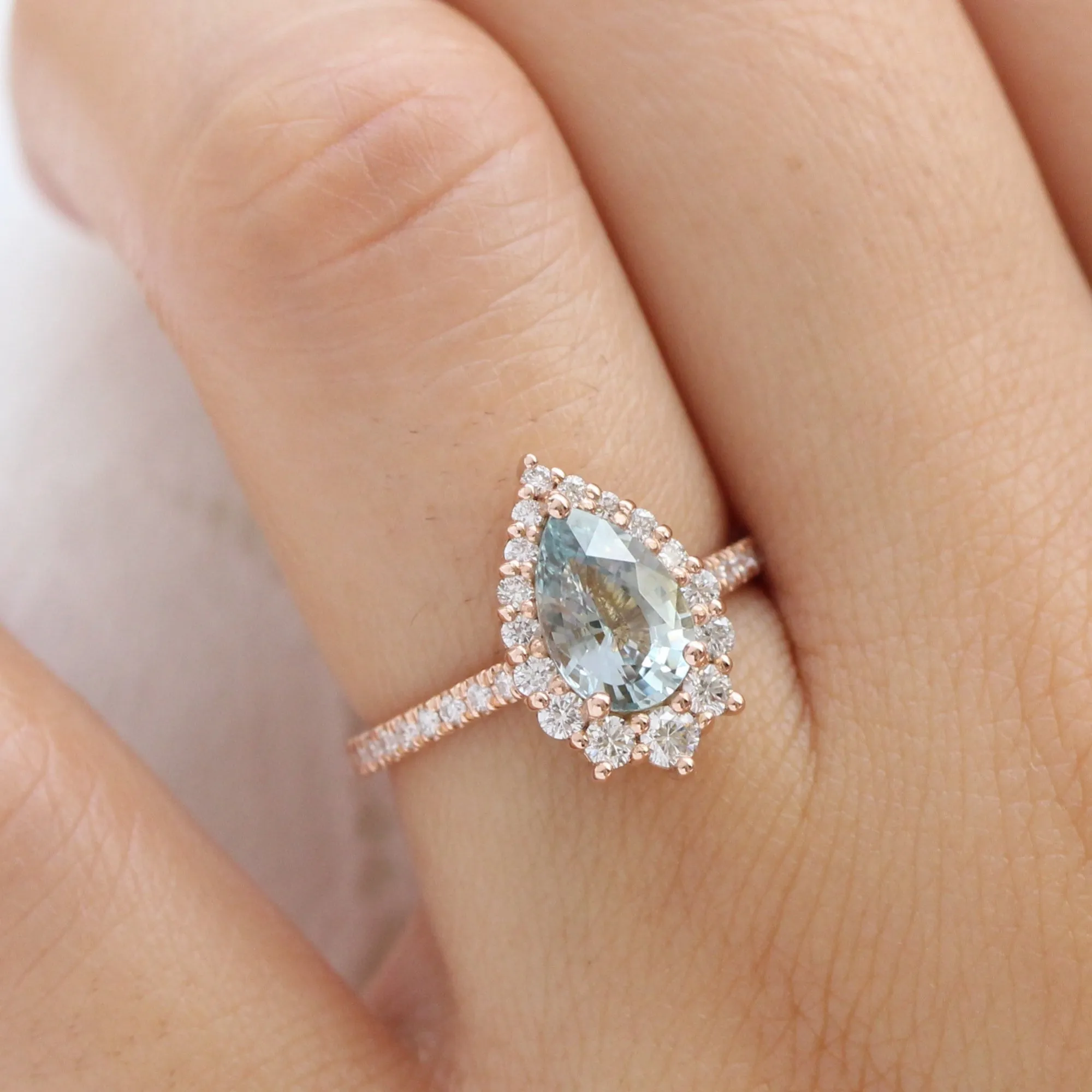 2.3 Ct Pastel Blue Sapphire Ring in 14k Rose Gold Tiara Halo Diamond, Size 6.25