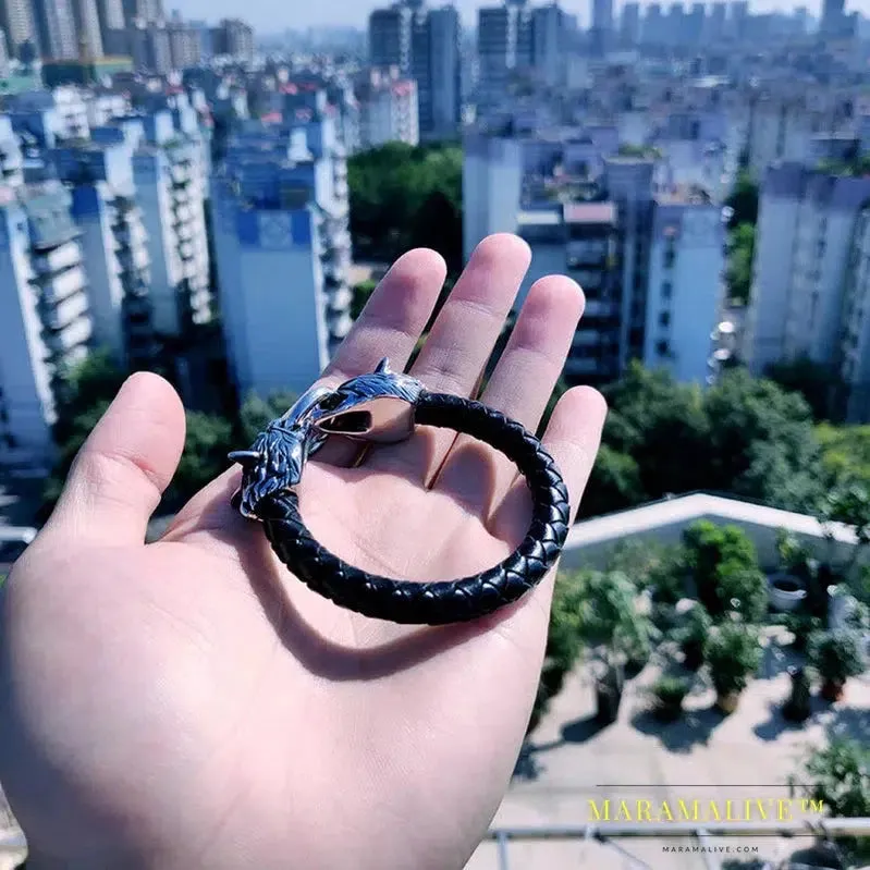 316L Stainless Steel Wolf head norse viking amulet thor hammer men leather bracelet viking king7