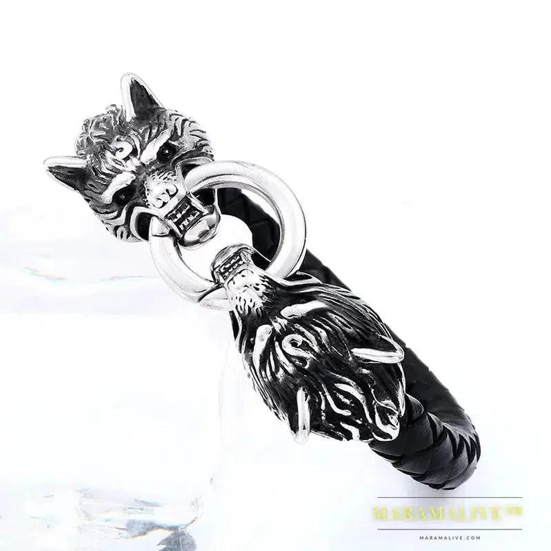 316L Stainless Steel Wolf head norse viking amulet thor hammer men leather bracelet viking king7