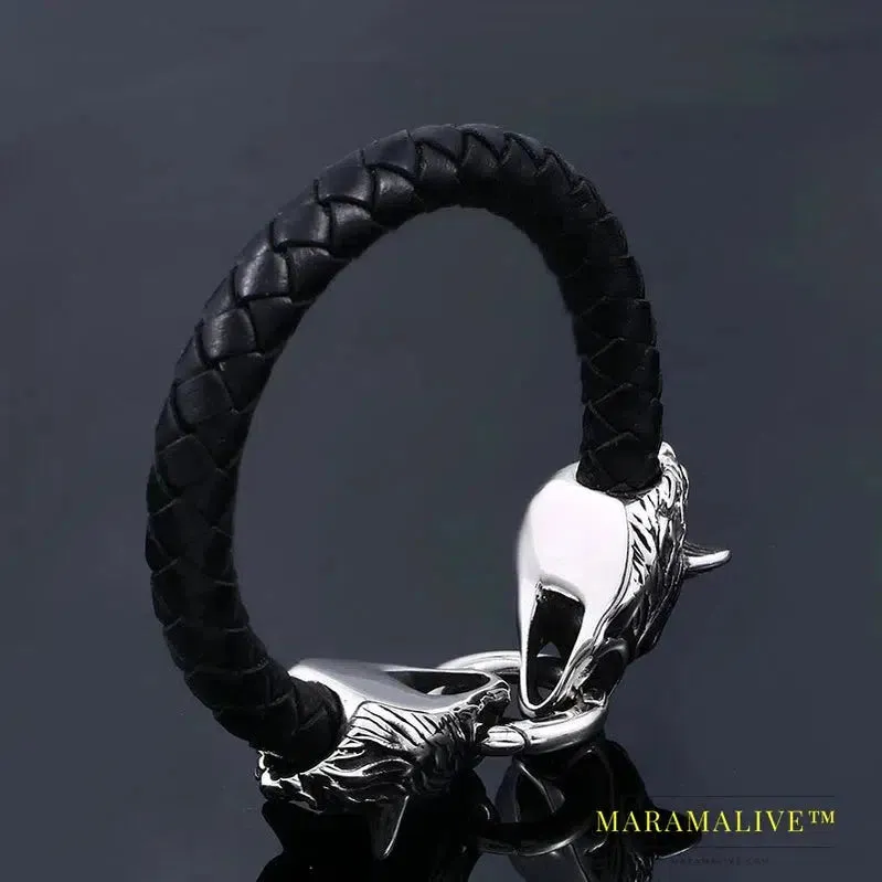 316L Stainless Steel Wolf head norse viking amulet thor hammer men leather bracelet viking king7