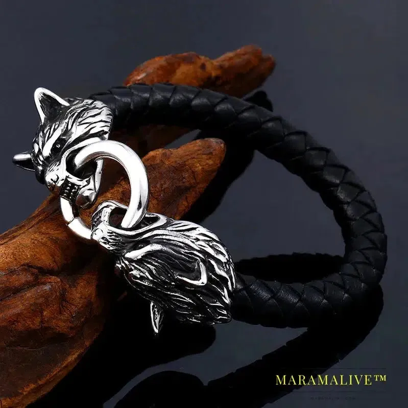 316L Stainless Steel Wolf head norse viking amulet thor hammer men leather bracelet viking king7
