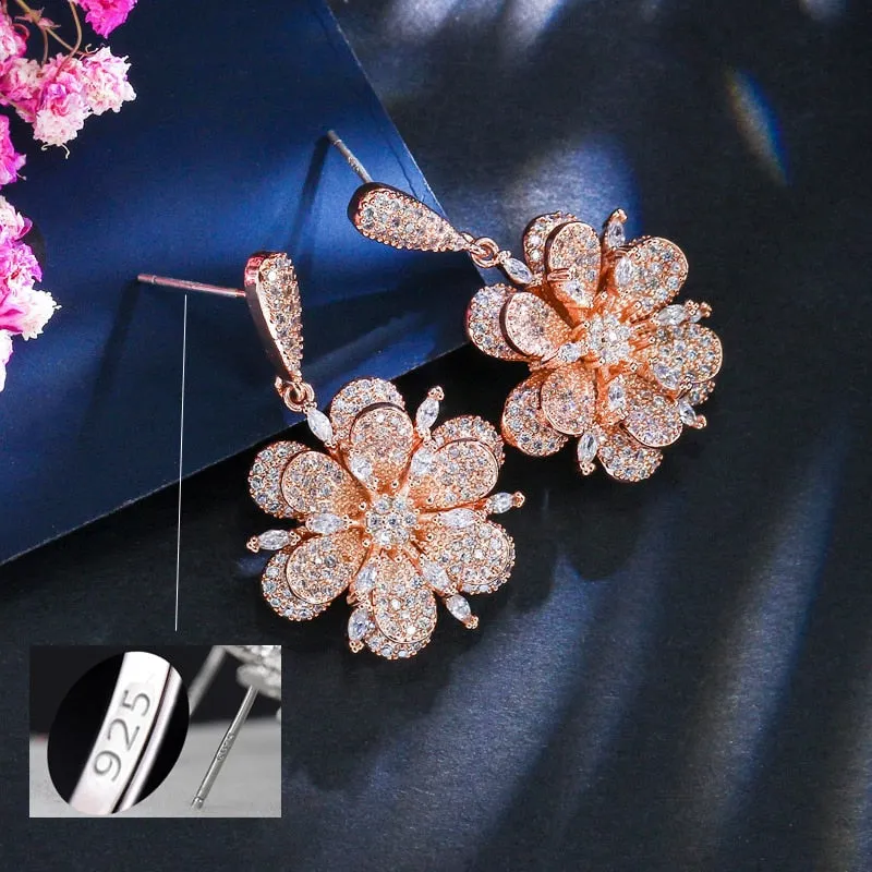 3D Geometric Rose Gold Color Micro Pave Cubic Zirconia Dangle Drop Flower Earrings