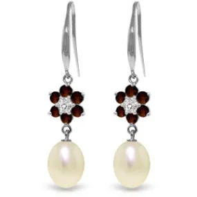 9.01 Carat 14K Solid White Gold Fish Hook Earrings Diamond, Garnet Pearl