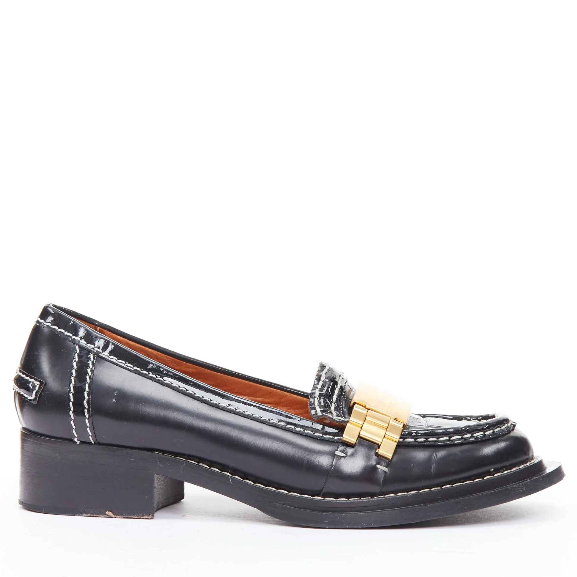 ACNE STUDIOS Penny Watch gold buckle black topstitch loafers EU38