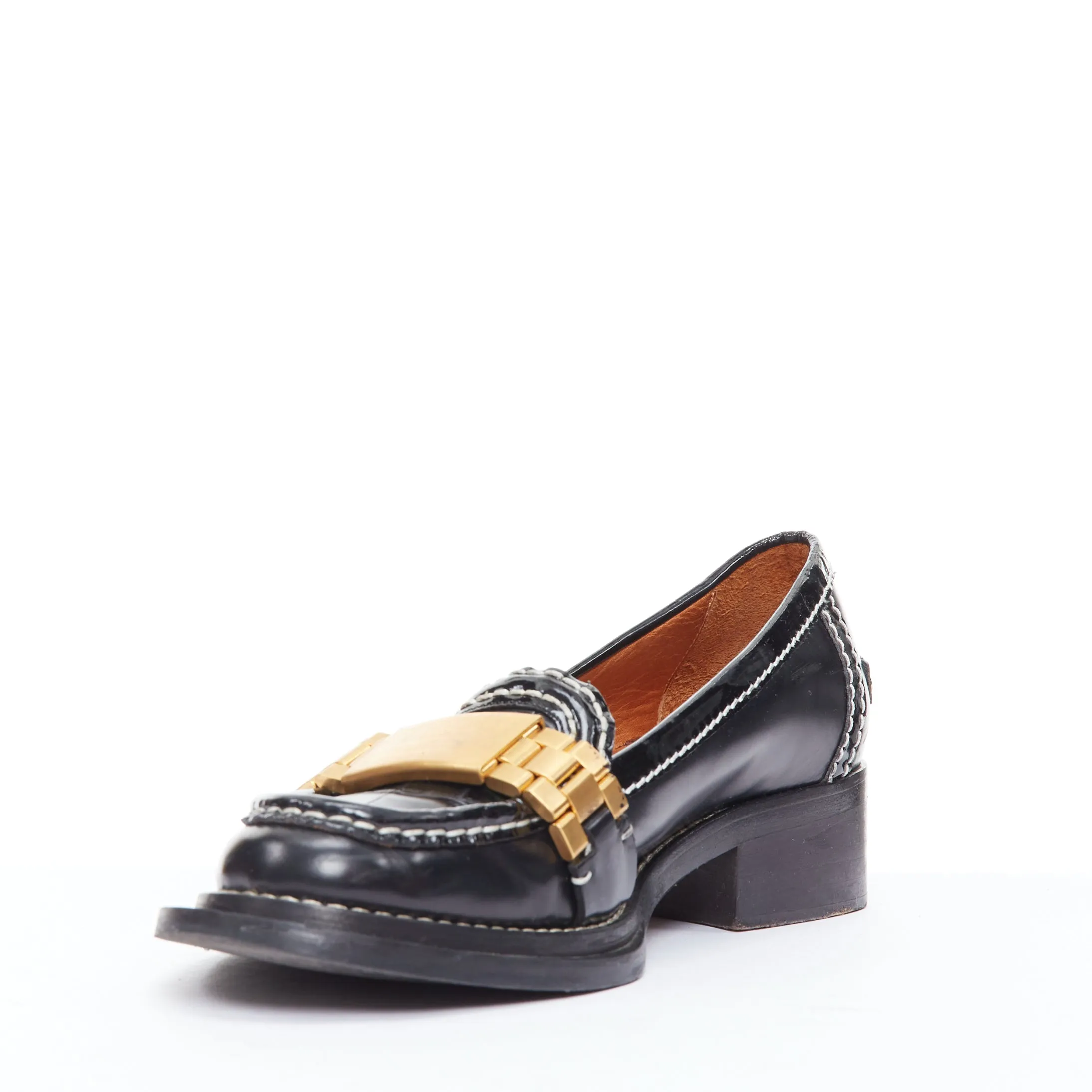 ACNE STUDIOS Penny Watch gold buckle black topstitch loafers EU38