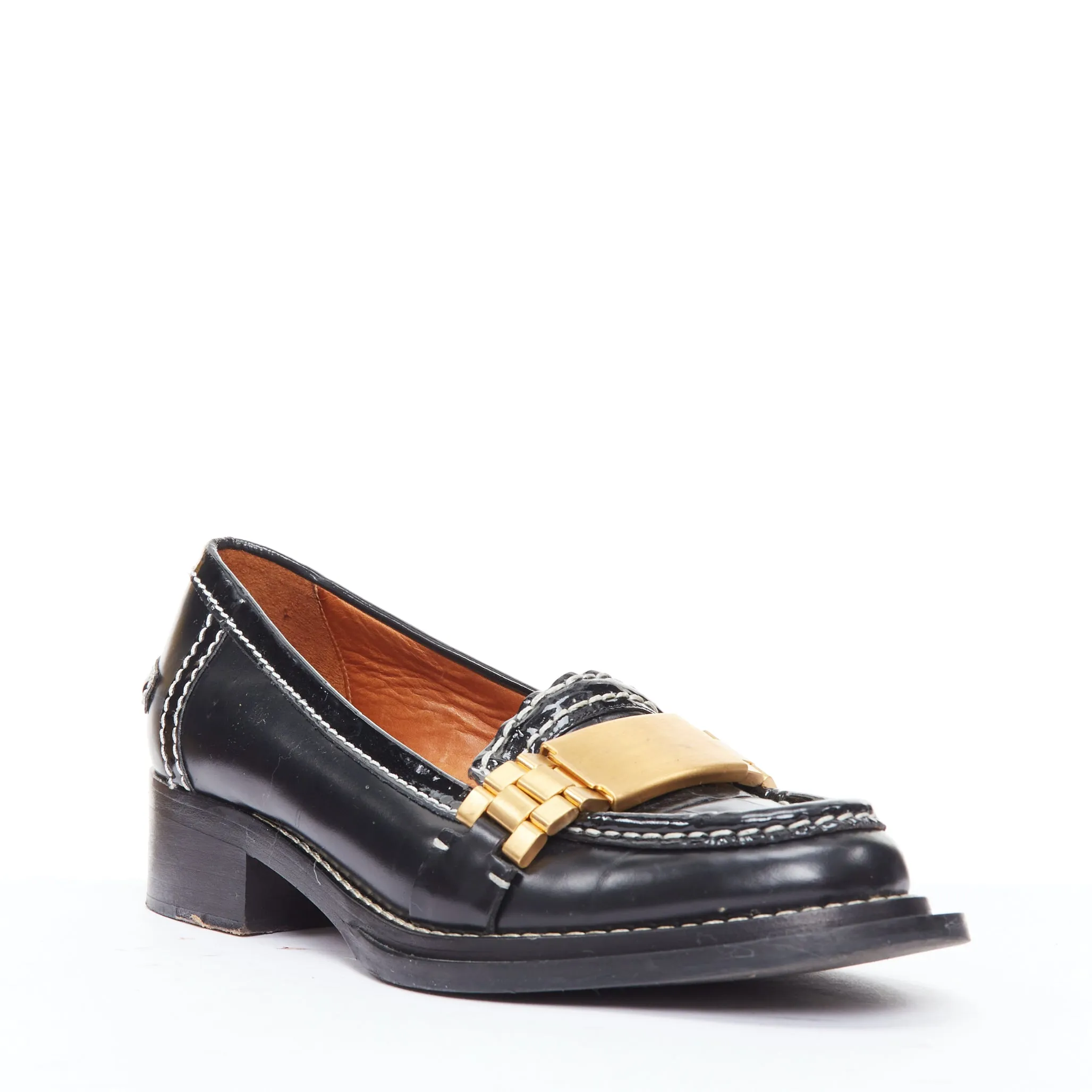 ACNE STUDIOS Penny Watch gold buckle black topstitch loafers EU38