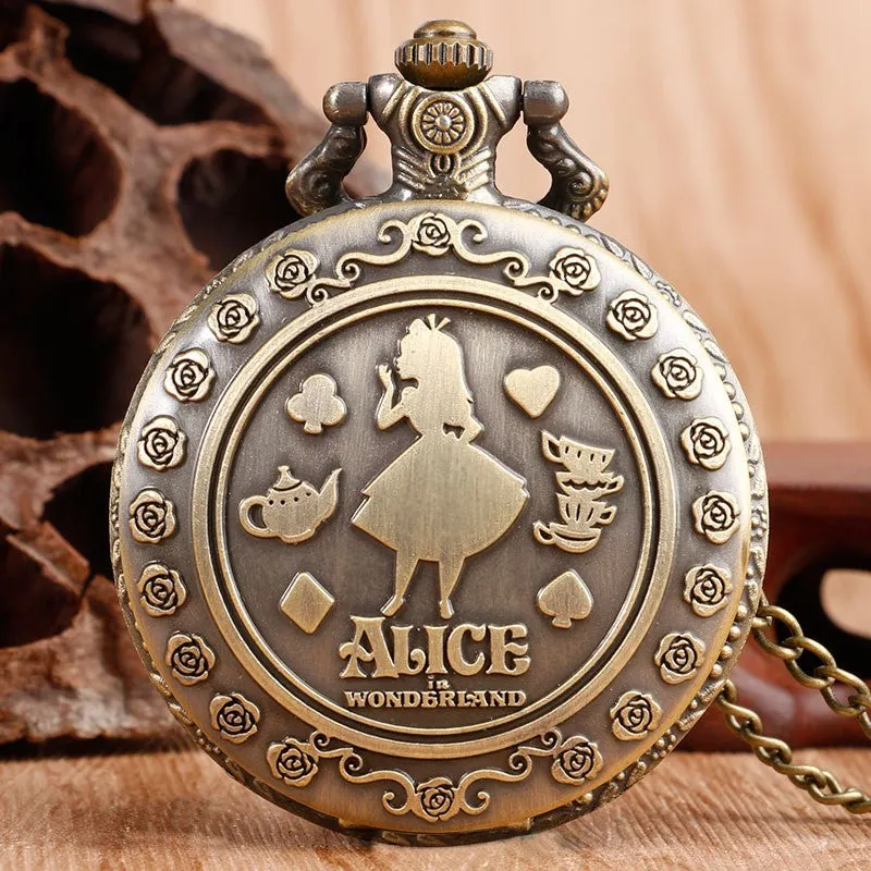 Alice In Wonderland Steampunk Pocket Watch on Necklace Chain