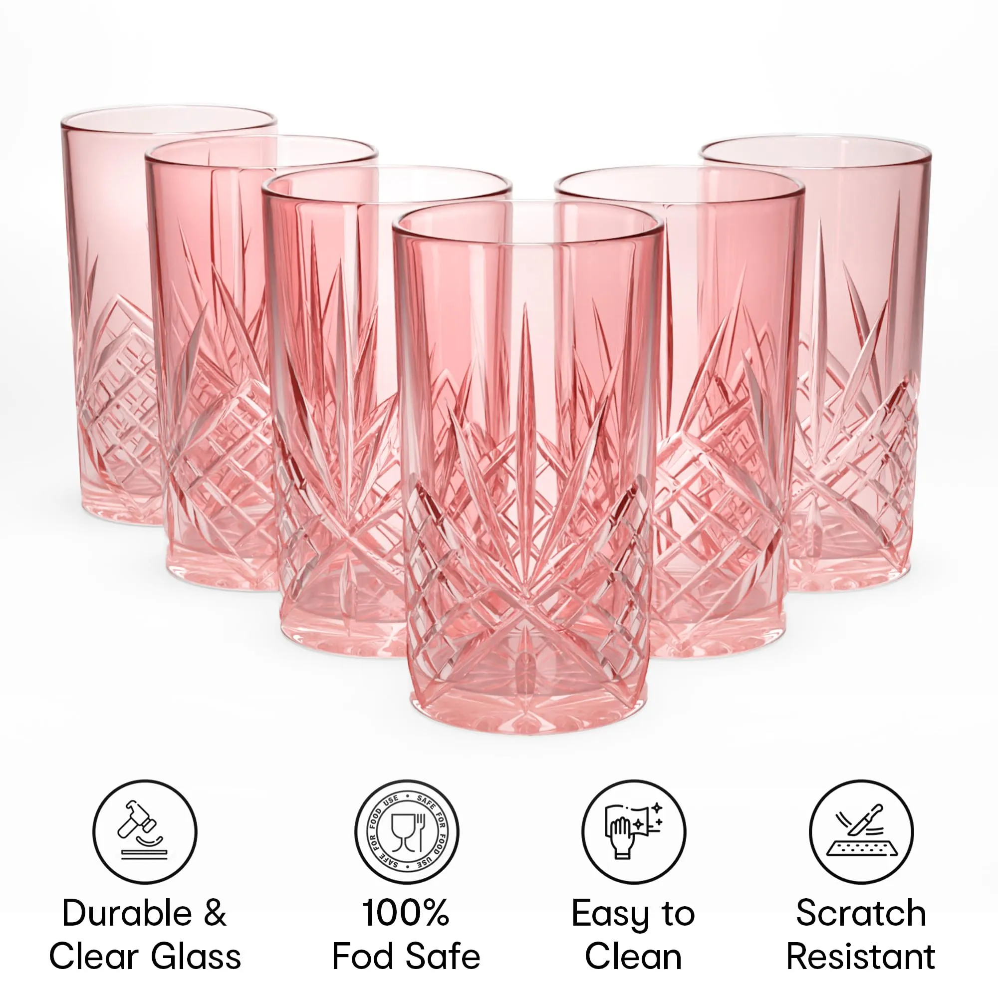 Anko Australia 330ml Crystal Glasses Set of 6 | Water, Juice, Cocktails Glasses| Dishwasher Safe Whiskey Glass Set | Bar Accessories for Home | Suitable for All Occassions | Pink