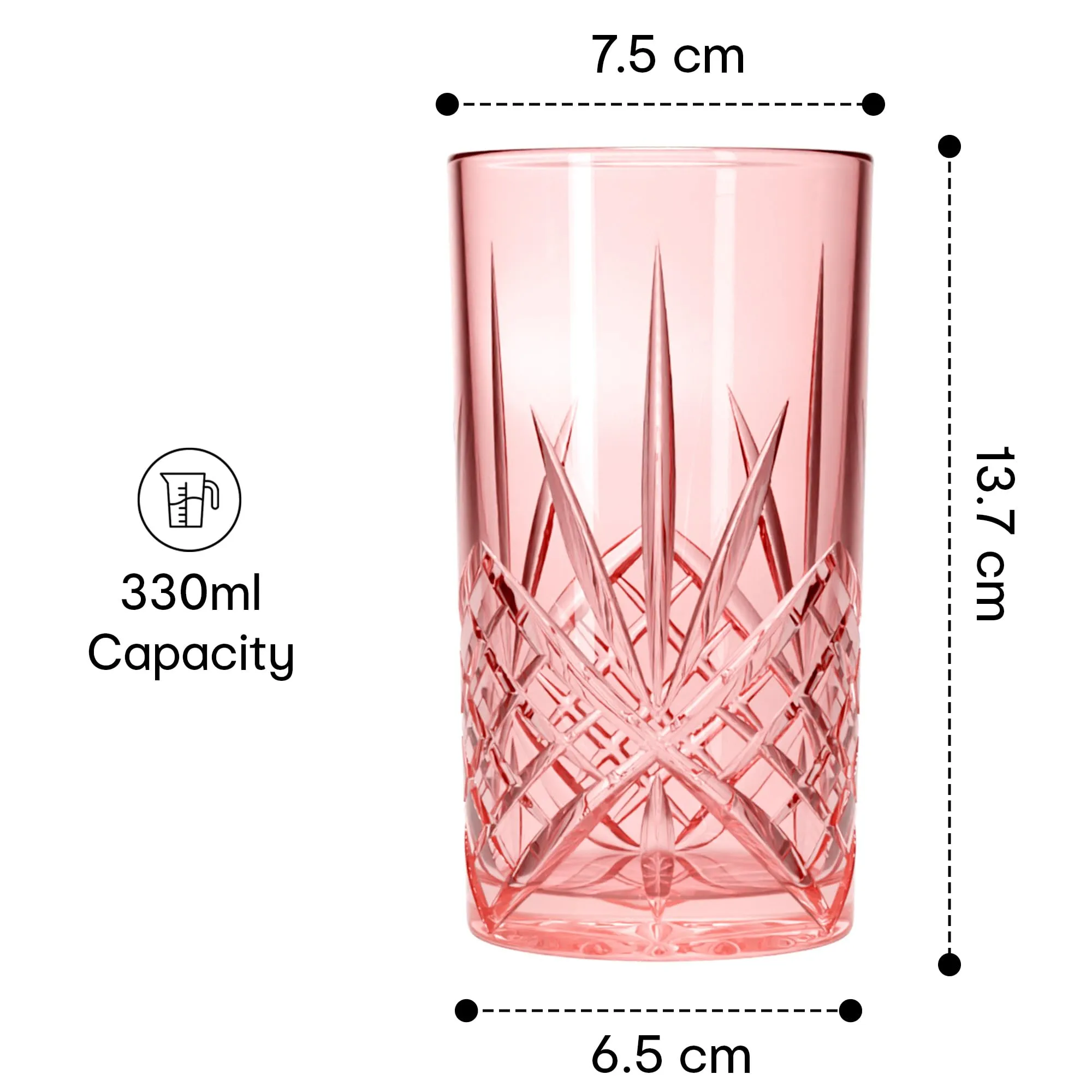 Anko Australia 330ml Crystal Glasses Set of 6 | Water, Juice, Cocktails Glasses| Dishwasher Safe Whiskey Glass Set | Bar Accessories for Home | Suitable for All Occassions | Pink