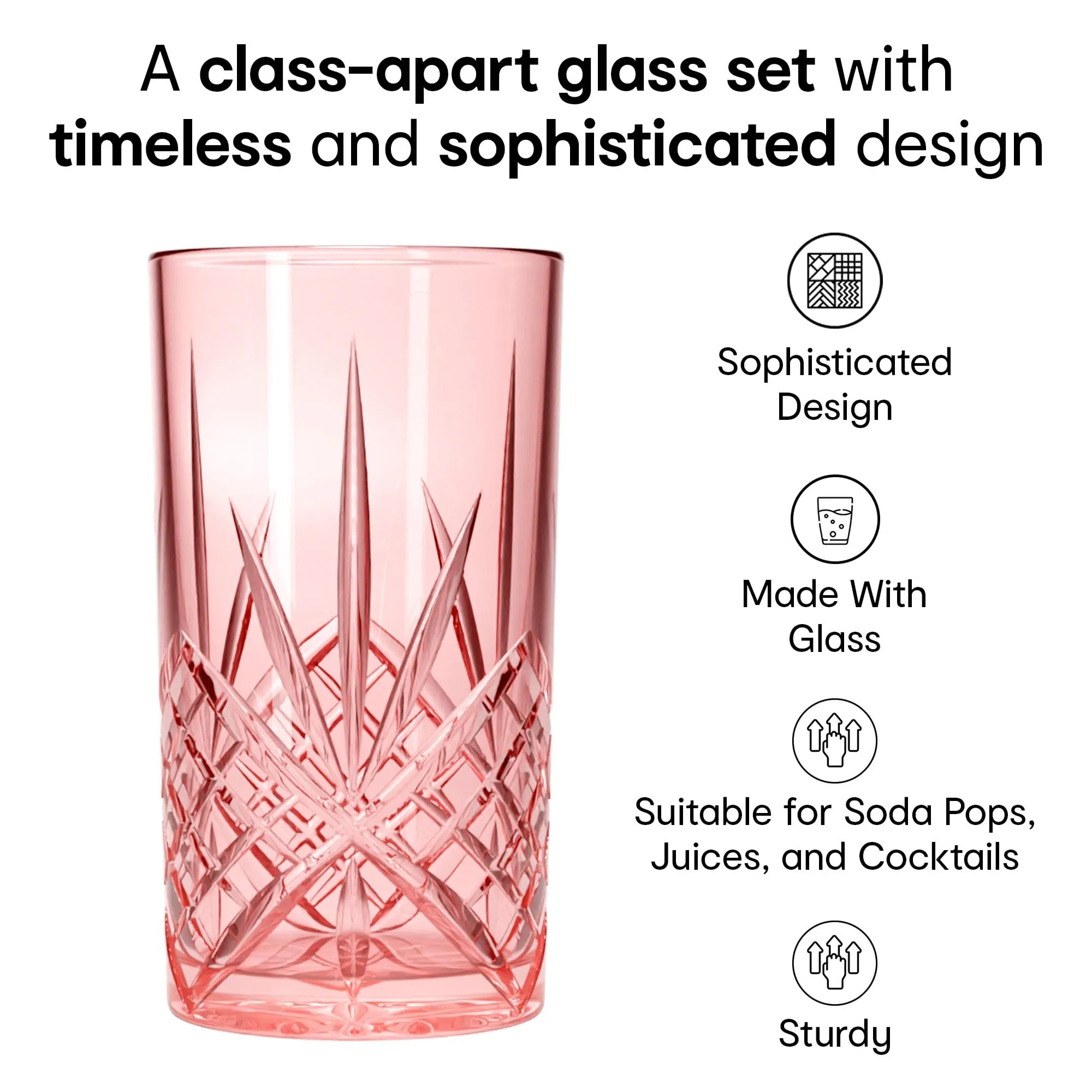 Anko Australia 330ml Crystal Glasses Set of 6 | Water, Juice, Cocktails Glasses| Dishwasher Safe Whiskey Glass Set | Bar Accessories for Home | Suitable for All Occassions | Pink