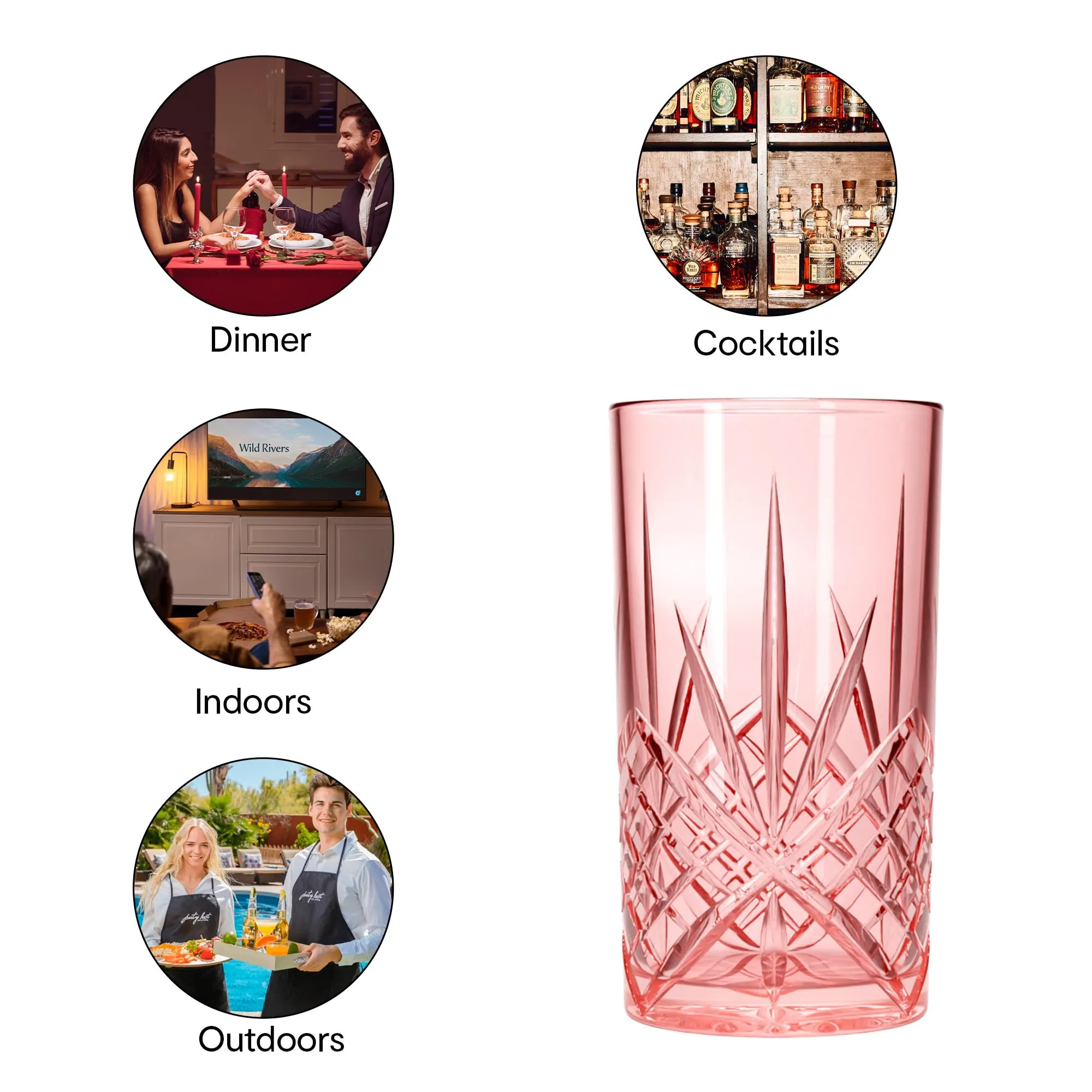 Anko Australia 330ml Crystal Glasses Set of 6 | Water, Juice, Cocktails Glasses| Dishwasher Safe Whiskey Glass Set | Bar Accessories for Home | Suitable for All Occassions | Pink