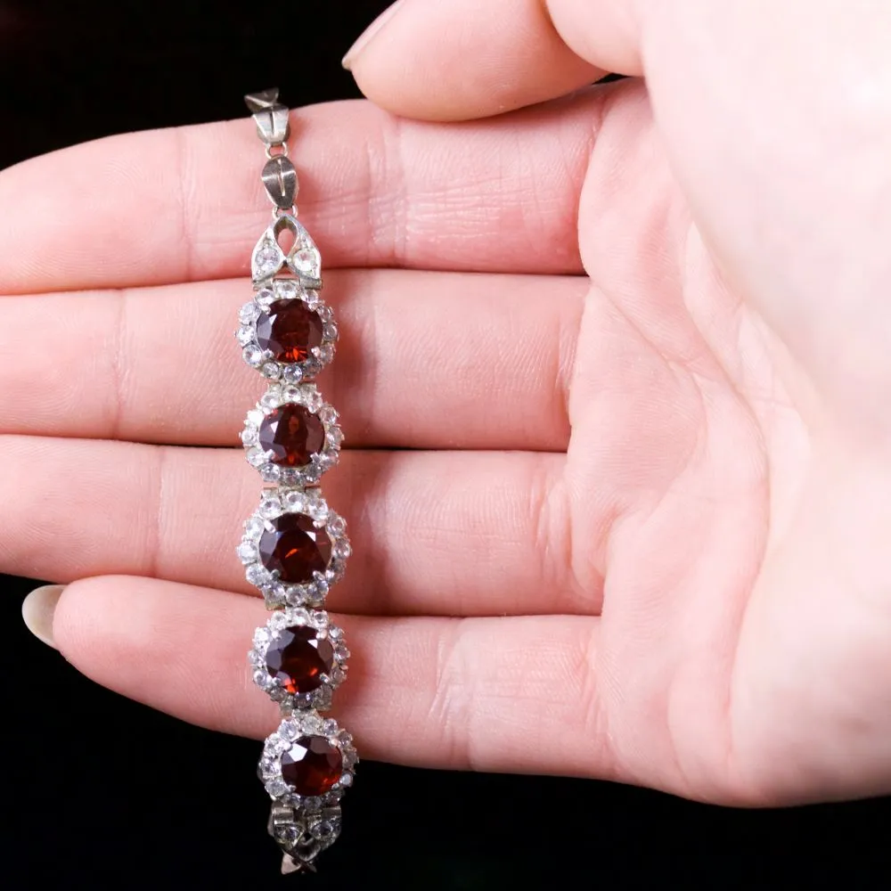 Antique Art Deco Garnet White Sapphire Bracelet Gold Circa 1930