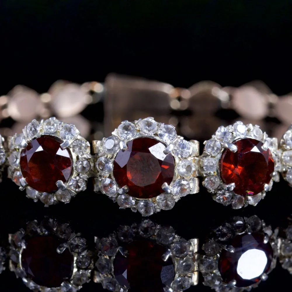 Antique Art Deco Garnet White Sapphire Bracelet Gold Circa 1930