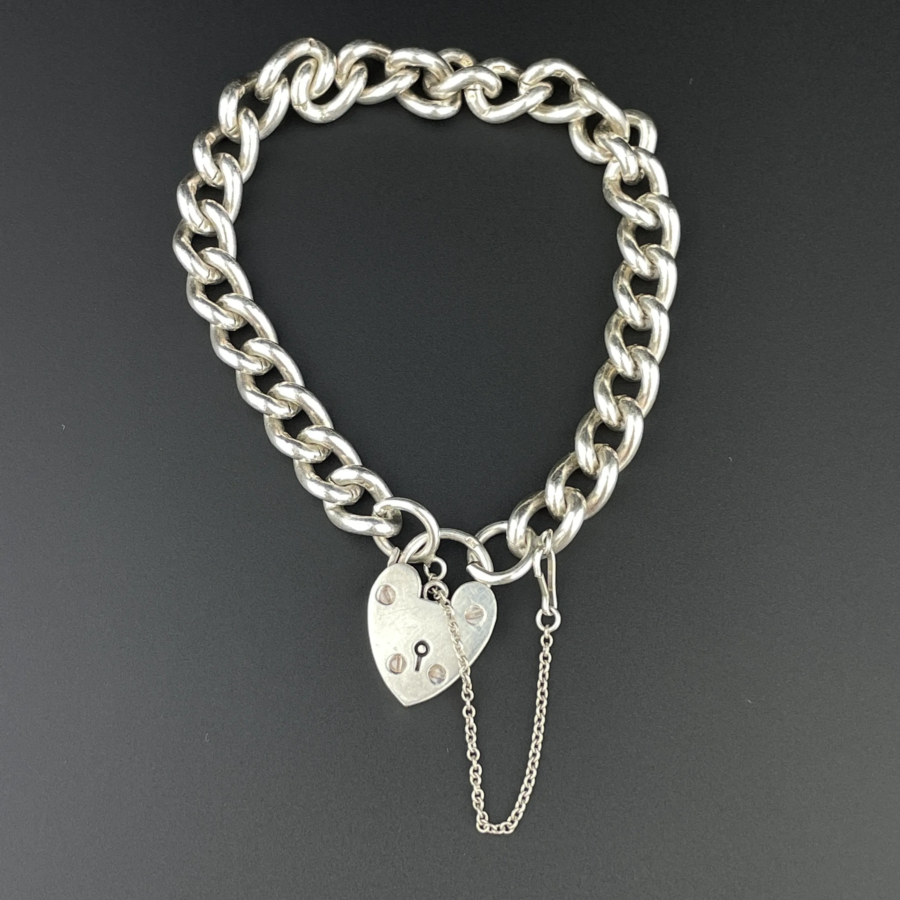 Antique Silver English Heart Padlock Curb Chain Bracelet