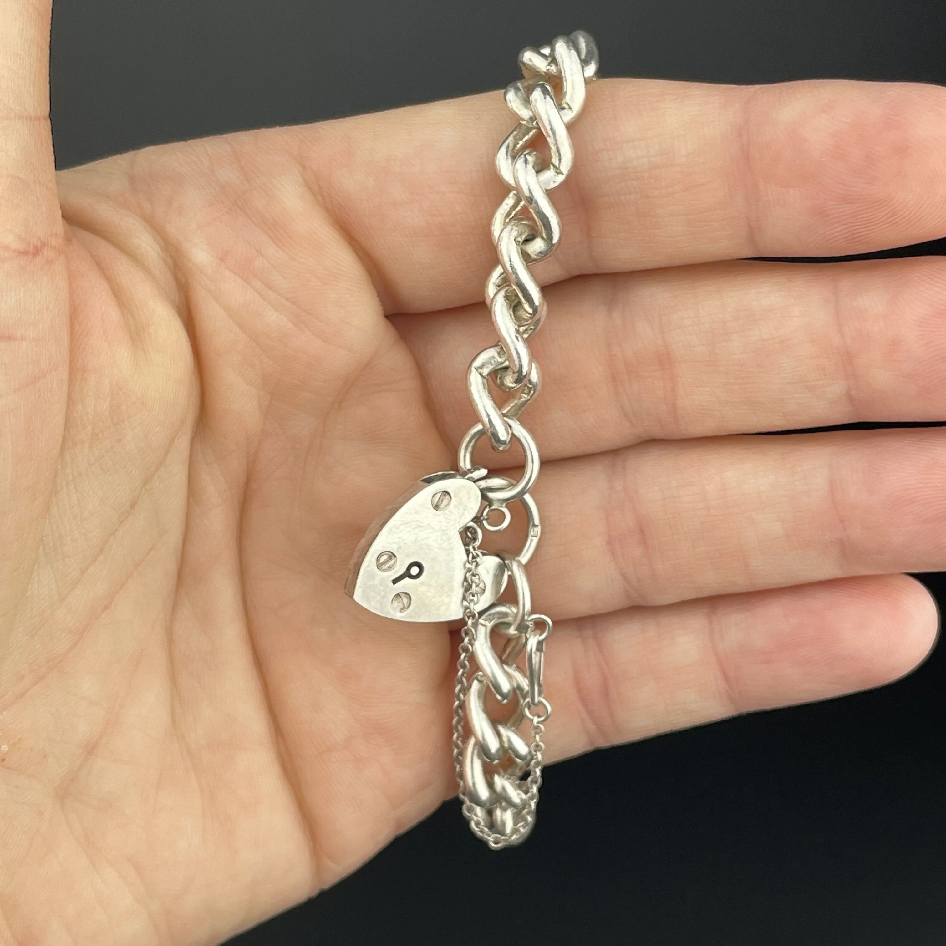 Antique Silver English Heart Padlock Curb Chain Bracelet