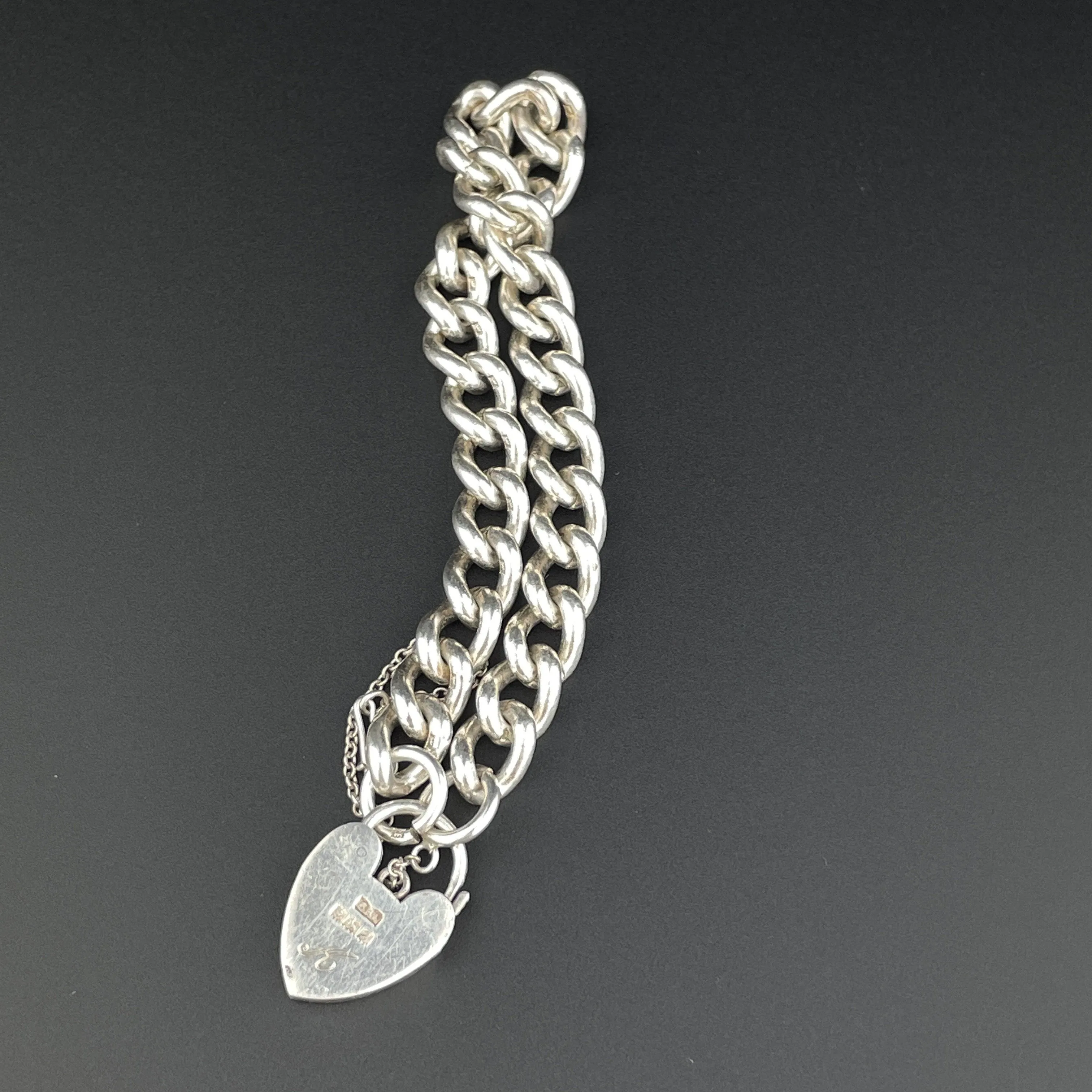 Antique Silver English Heart Padlock Curb Chain Bracelet